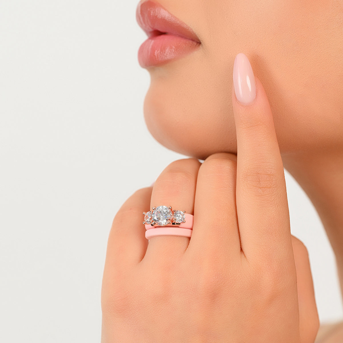 Rinfit Silicone Rings Set for Women, Stackable 2-Ring Set, Three Round CZ Stones + Thin Band - Patented Design