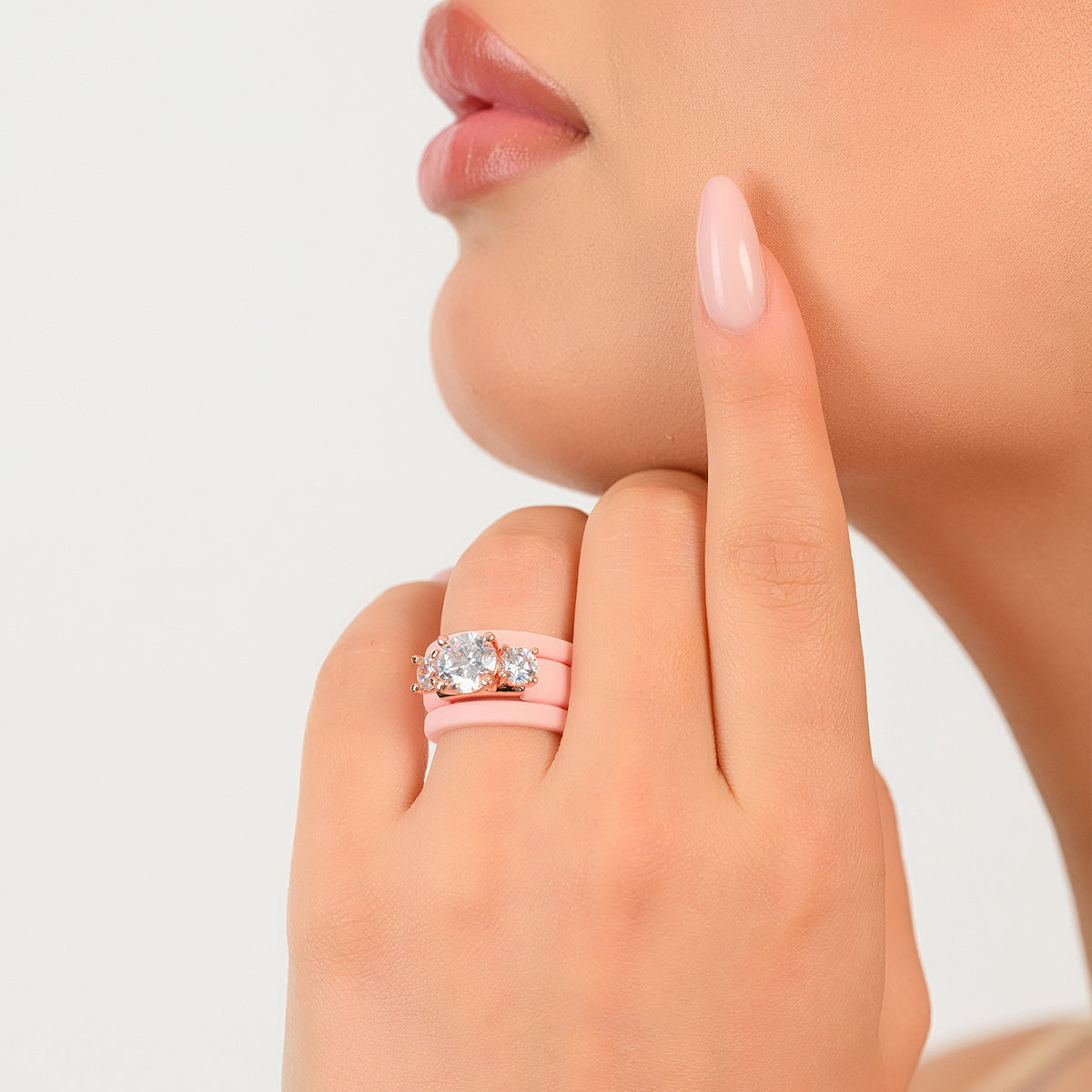 Rinfit Silicone Rings Set for Women, Stackable 3-Ring Set, Three Round CZ Stones + 2 Thin Bands - Patented Design