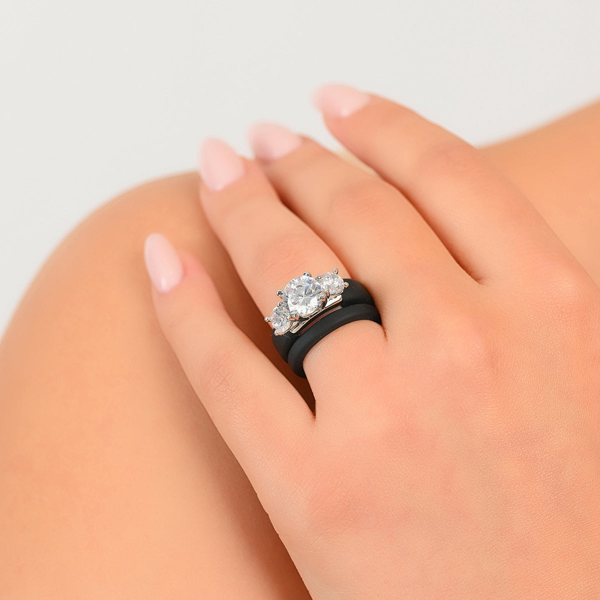Rinfit Silicone Rings Set for Women, Stackable 2-Ring Set, Three Round CZ Stones + Thin Band - Patented Design