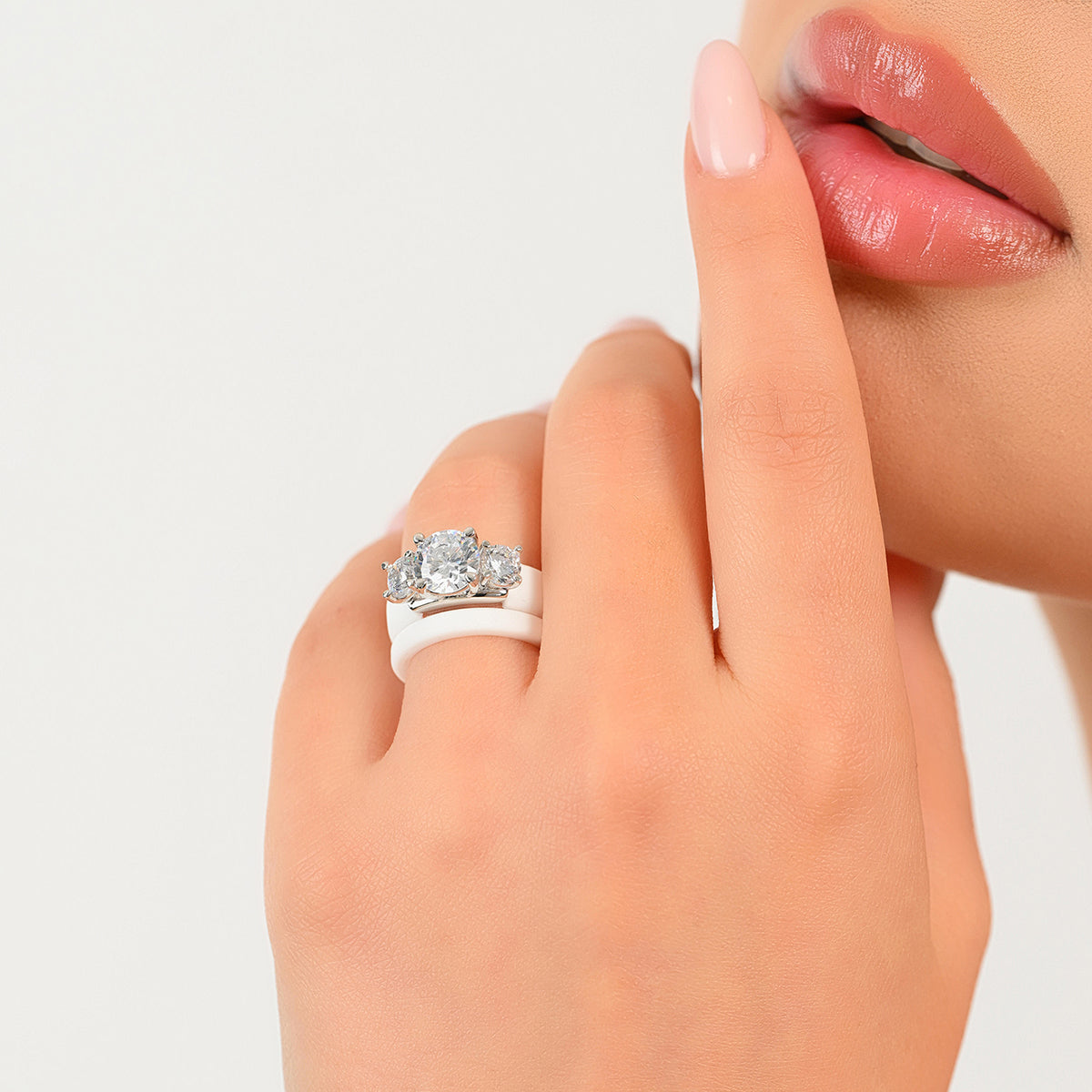 Rinfit Silicone Rings Set for Women, Stackable 2-Ring Set, Three Round CZ Stones + Thin Band - Patented Design