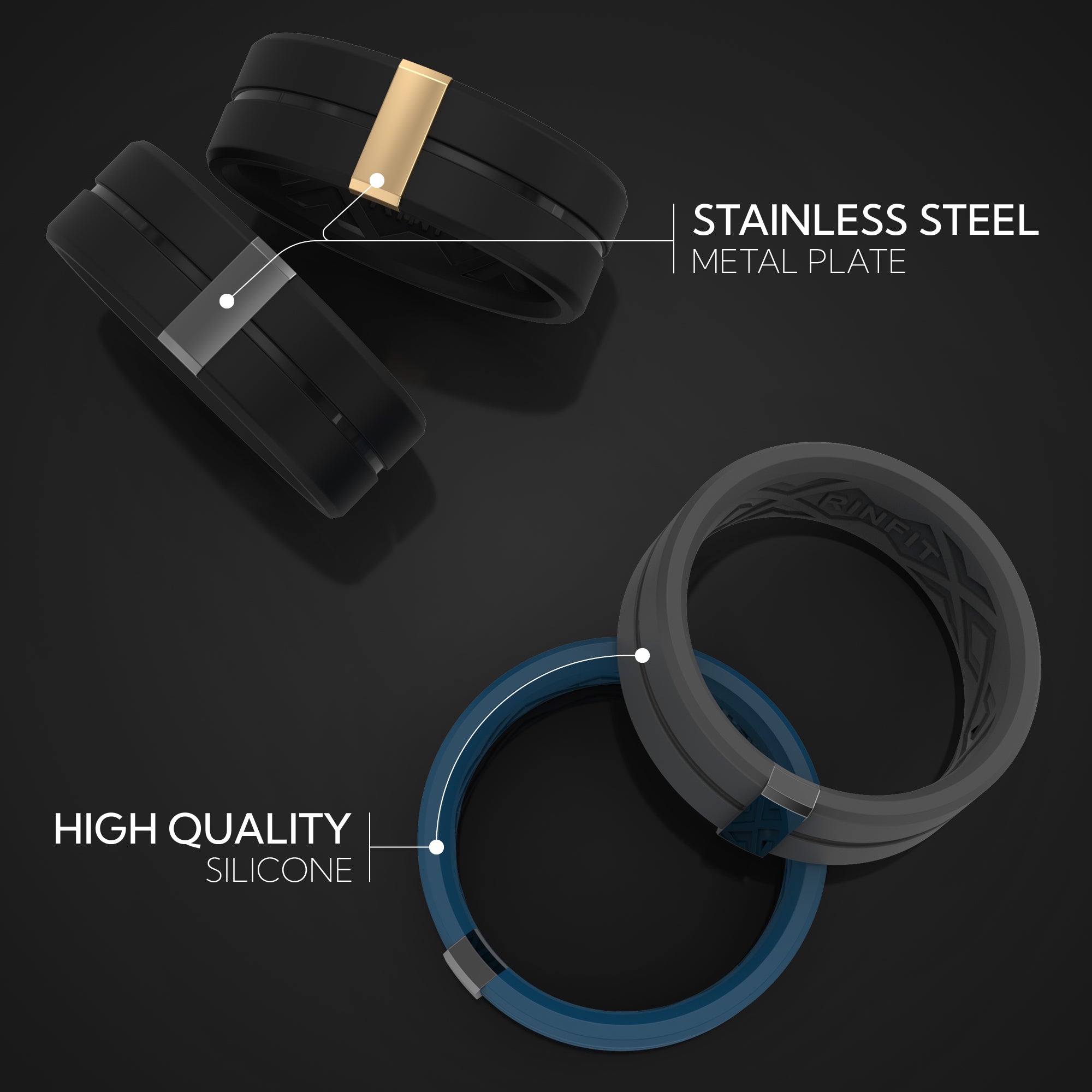 Silicone Wedding Ring for Men with Stainless Steel Strip - SteelLine Collection - Patented Design