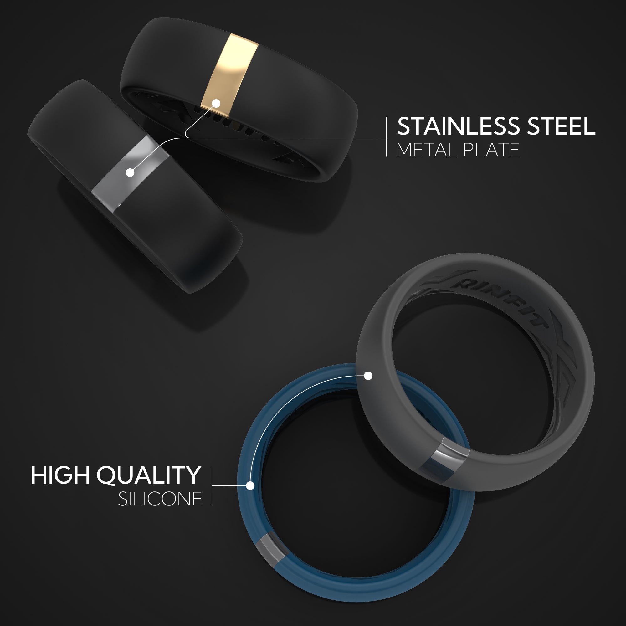 Silicone Wedding Ring with Stainless Steel Strip - MetalBar Collection