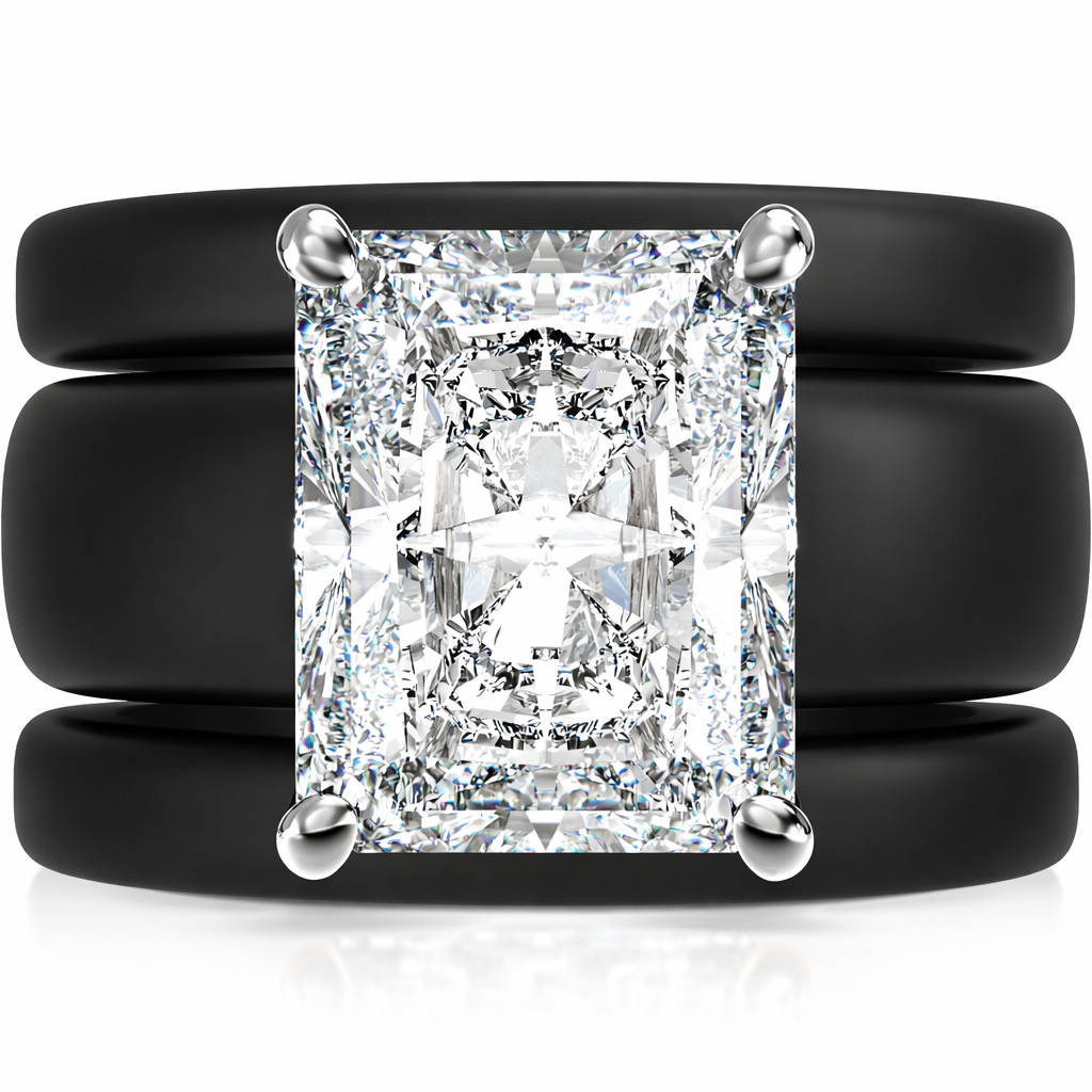 Emerald Cut CZ Silicone Ring Set for Women, 2 Thin Stackable Rings, 10x8 mm CZ Stone, Patented Design, GlowStone Collection