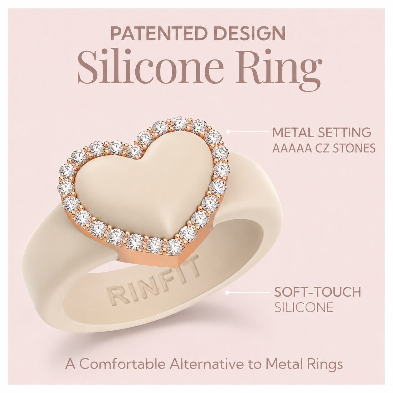 Heart with Metal Frame & CZ Stones - Women's Silicone Rings- Patented Design