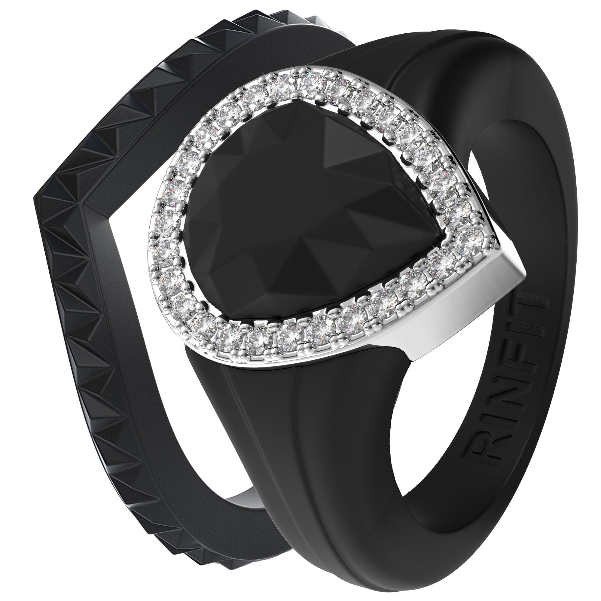 Pear Silicone Ring with Metal Frame and Stones - 2 Rings Set