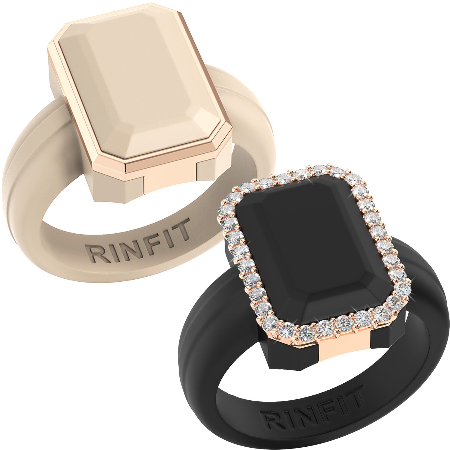Emerald Silicone Rings with Metal Frame & CZ Stones - 2 Rings Set