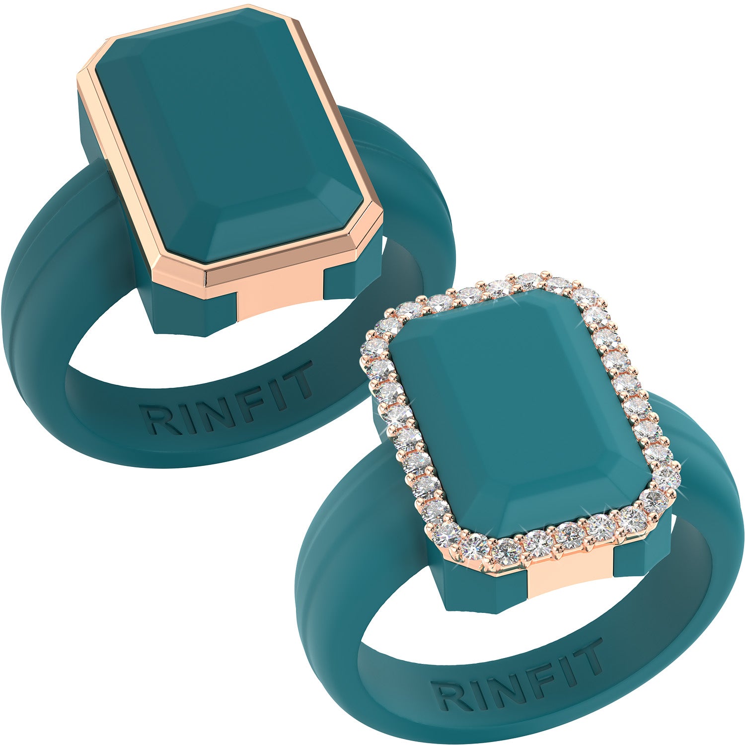 Emerald Silicone Rings with Metal Frame & CZ Stones - 2 Rings Set