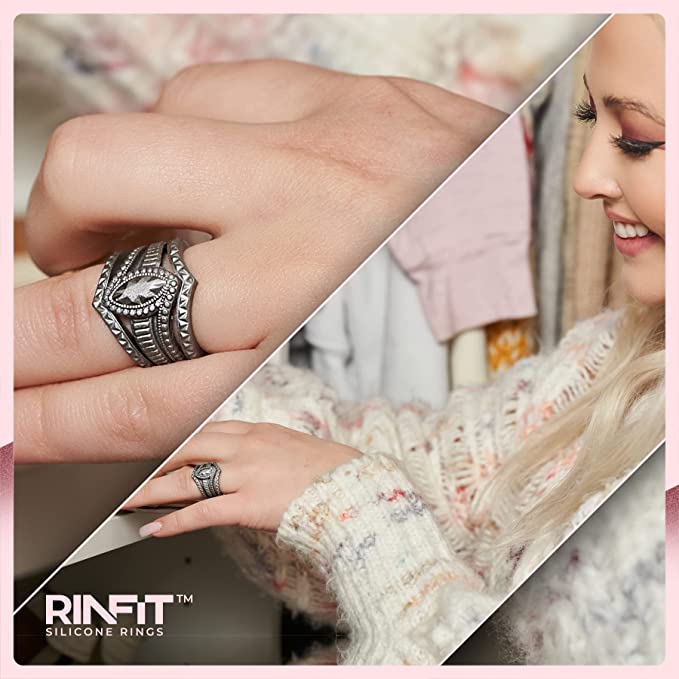 Rinfit Silicone Rings for Women - Marquise with 4 Stackable Rings - Silicone Diamond Rings Wedding Bands Women Silver & White / Size 4