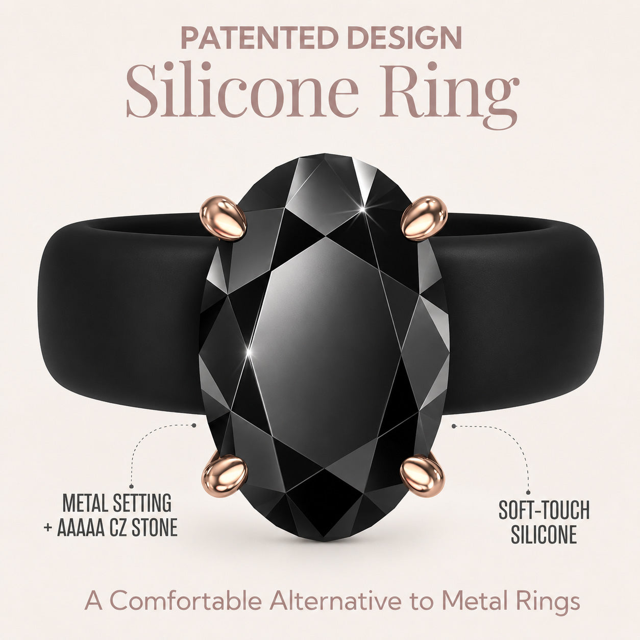 Silicone Ring Stackable Set – 12×8 mm Black Oval Cut CZ | Patented Design - GlowStone Collection