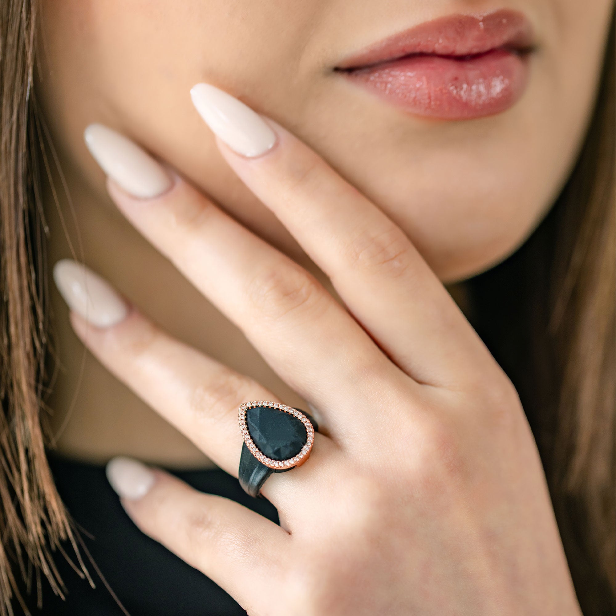 Oversize Pear Silicone Ring with Metal Frame & Stones by Rinfit