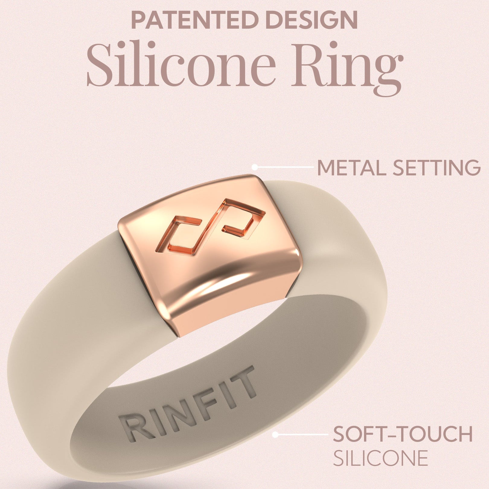 A silicone ring with a rose gold metal setting and engraved symbol, shown on a pale pink background with text labels 'PATENTED DESIGN Silicone Ring', 'METAL SETTING', and 'SOFT-TOUCH SILICONE'.