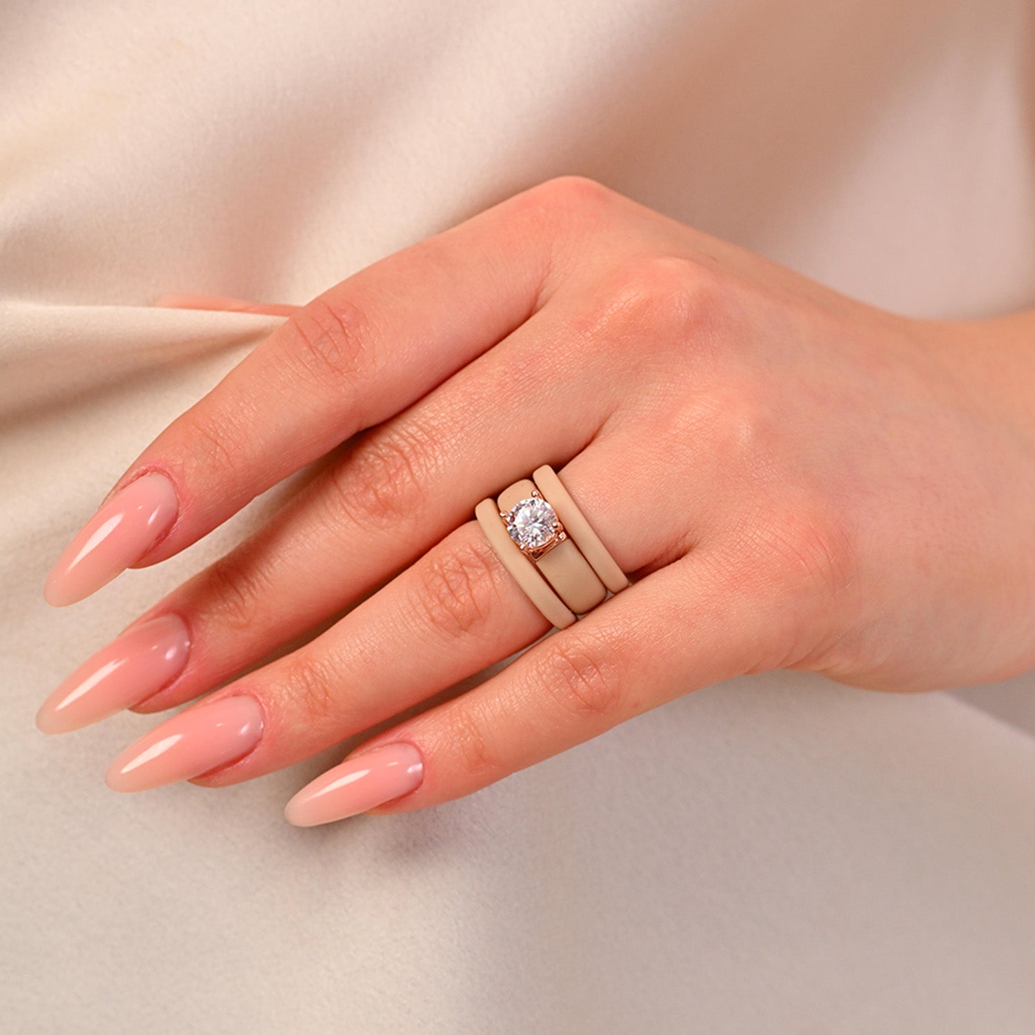 Round Cut Silicone Ring Set for Women, 2 Thin Stackable Rings - 7 mm Round Cut CZ | Patented Design - GlowStone Collection