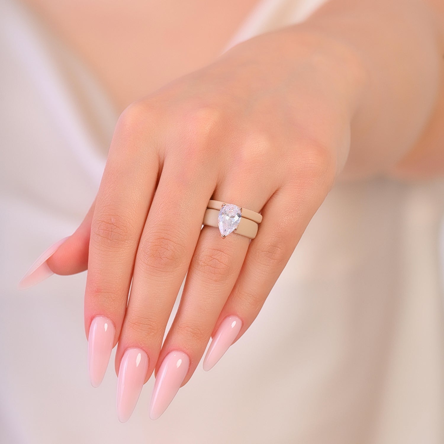 Pear Cut CZ Silicone Ring Set for Women, Stackable 2-Ring Set, 8×12 mm Pear Cut CZ, Patent-Pending Design - GlowStone Collection
