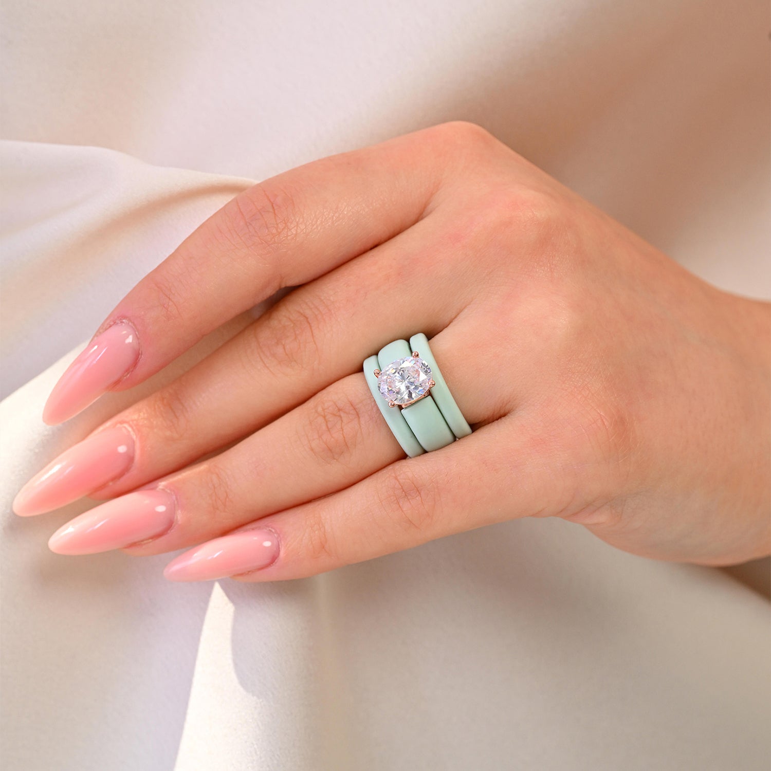 Oval Cut CZ Silicone Ring Set for Women, 2 Thin Stackable Rings – 11×8 mm Oval Cut CZ | Patented Design - GlowStone Collection