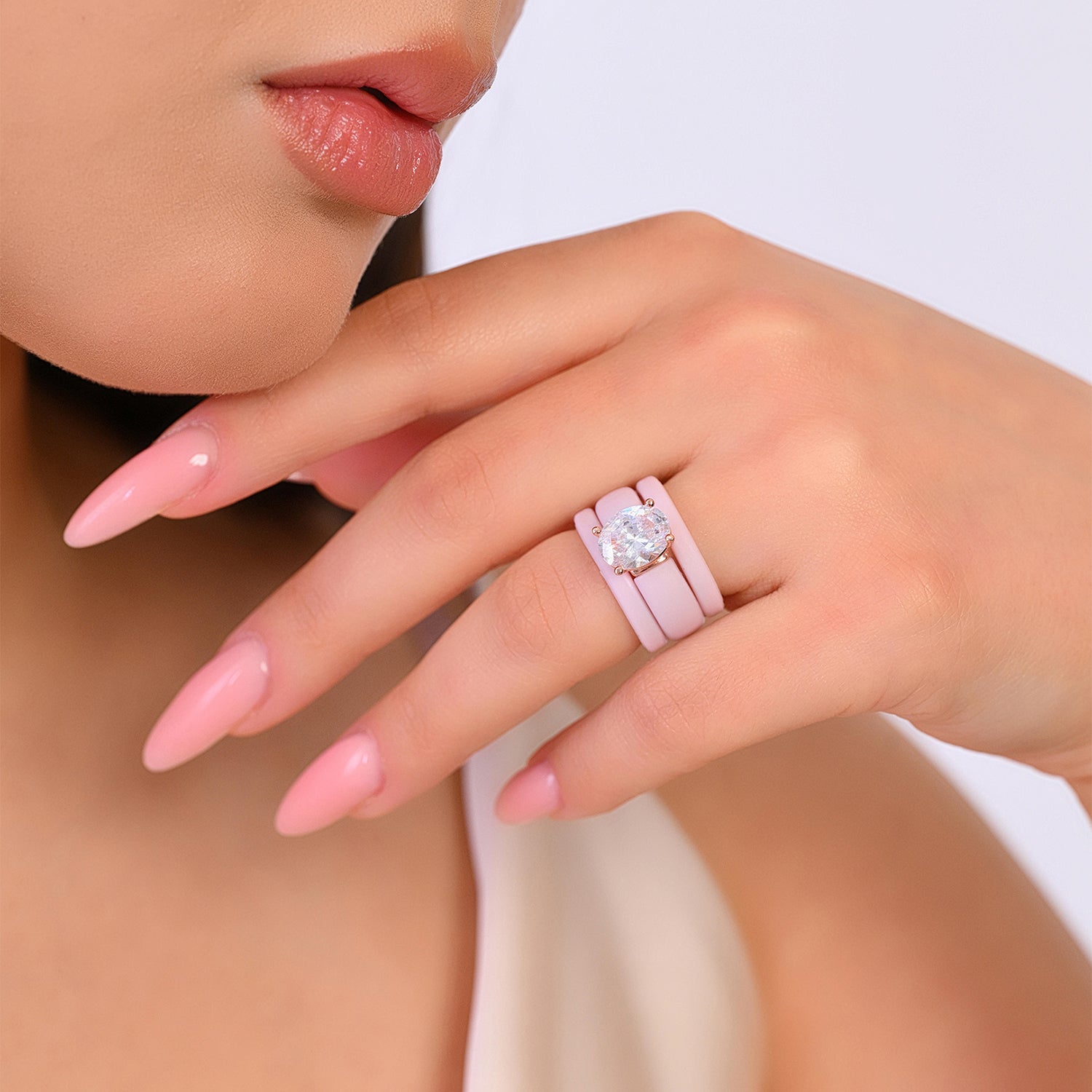 Oval Cut CZ Silicone Ring Set for Women, 2 Thin Stackable Rings – 11×8 mm Oval Cut CZ | Patented Design - GlowStone Collection