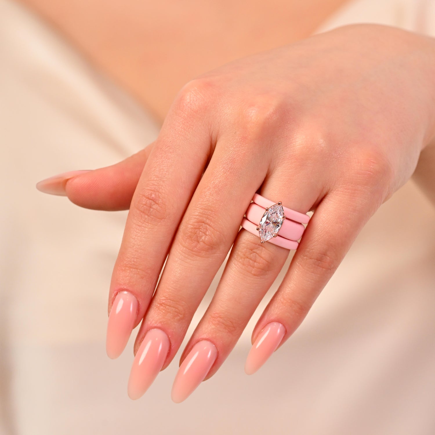 Marquise Cut CZ Silicone Ring Set for Women, 2 Thin Stackable Rings - 14×7 mm Marquise Cut CZ | Patent-Pending Design - GlowStone Collection