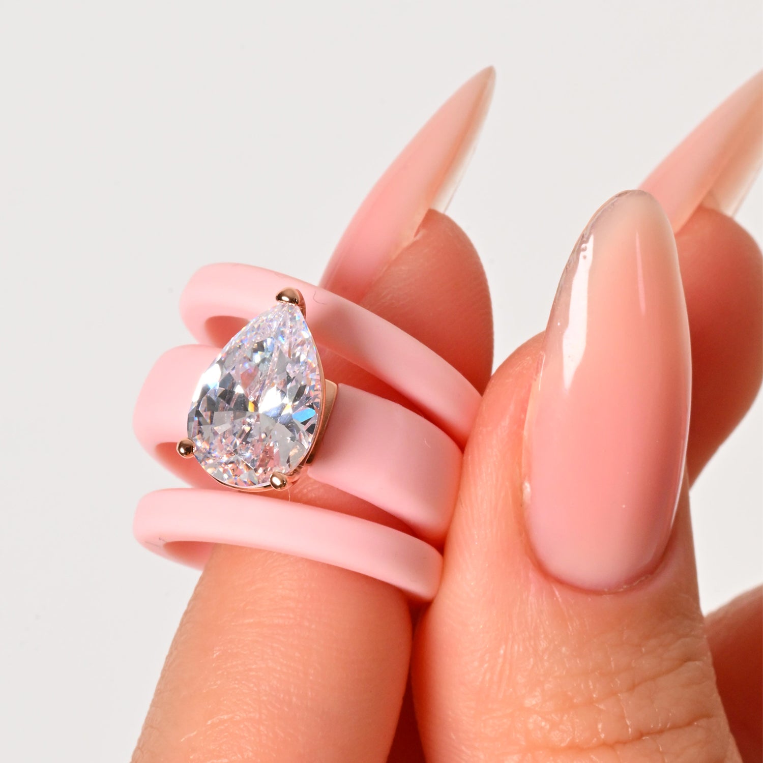 Pear Cut CZ Silicone Ring Set for Women, 2 Thin Stackable Rings, 8×12 mm Pear Cut CZ, Patent-Pending Design - GlowStone Collection