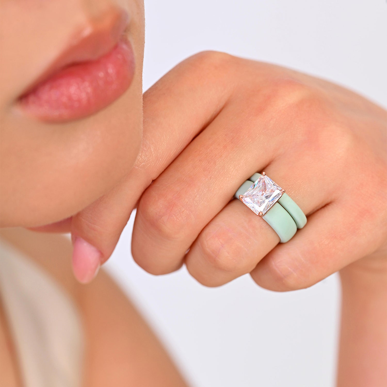 Emerald Cut CZ Silicone Ring Set for Women, Stackable 2-Ring Set, 10x8 mm CZ Stone, Thin Band, Patented Design, GlowStone Collection
