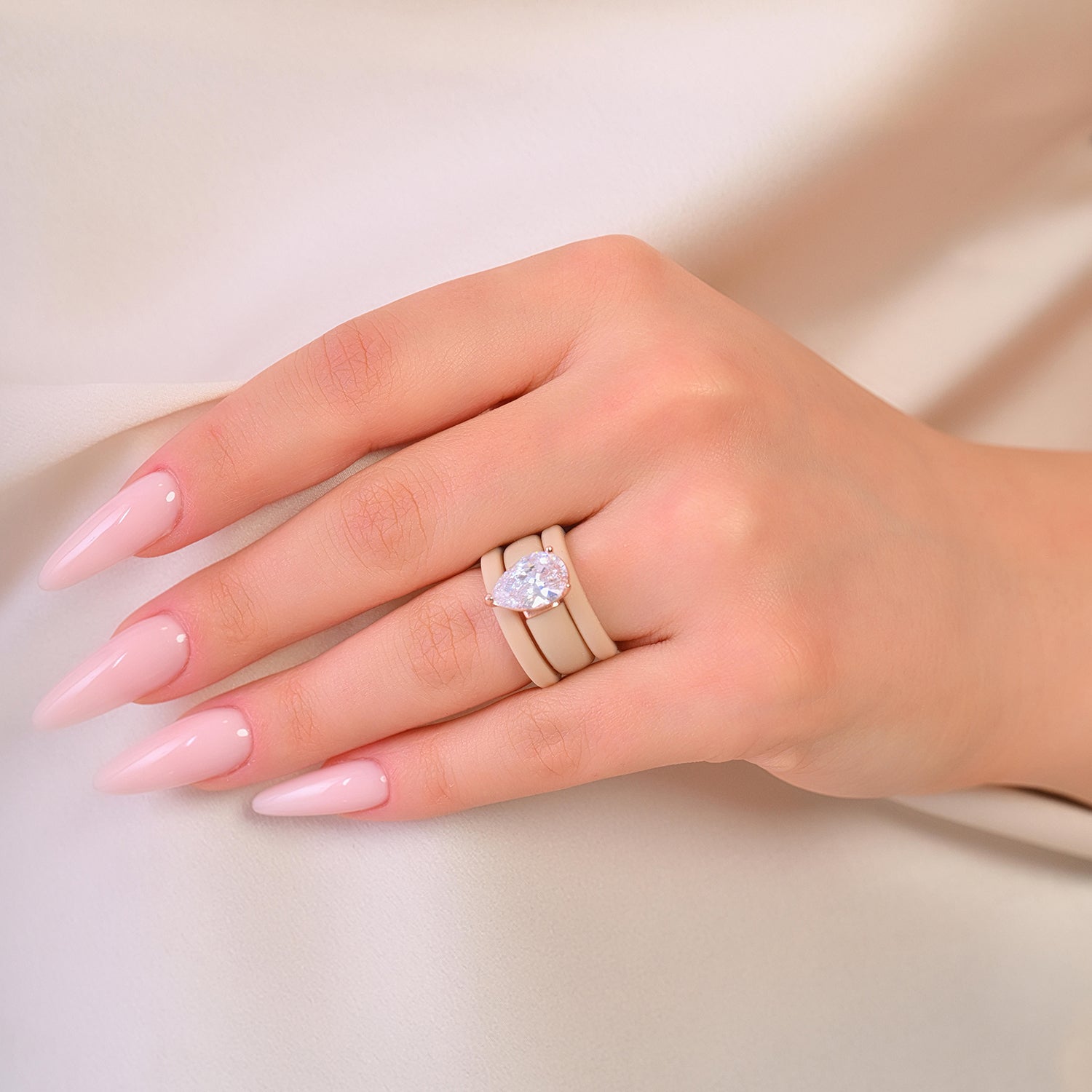 Pear Cut CZ Silicone Ring Set for Women, 2 Thin Stackable Rings, 8×12 mm Pear Cut CZ, Patent-Pending Design - GlowStone Collection