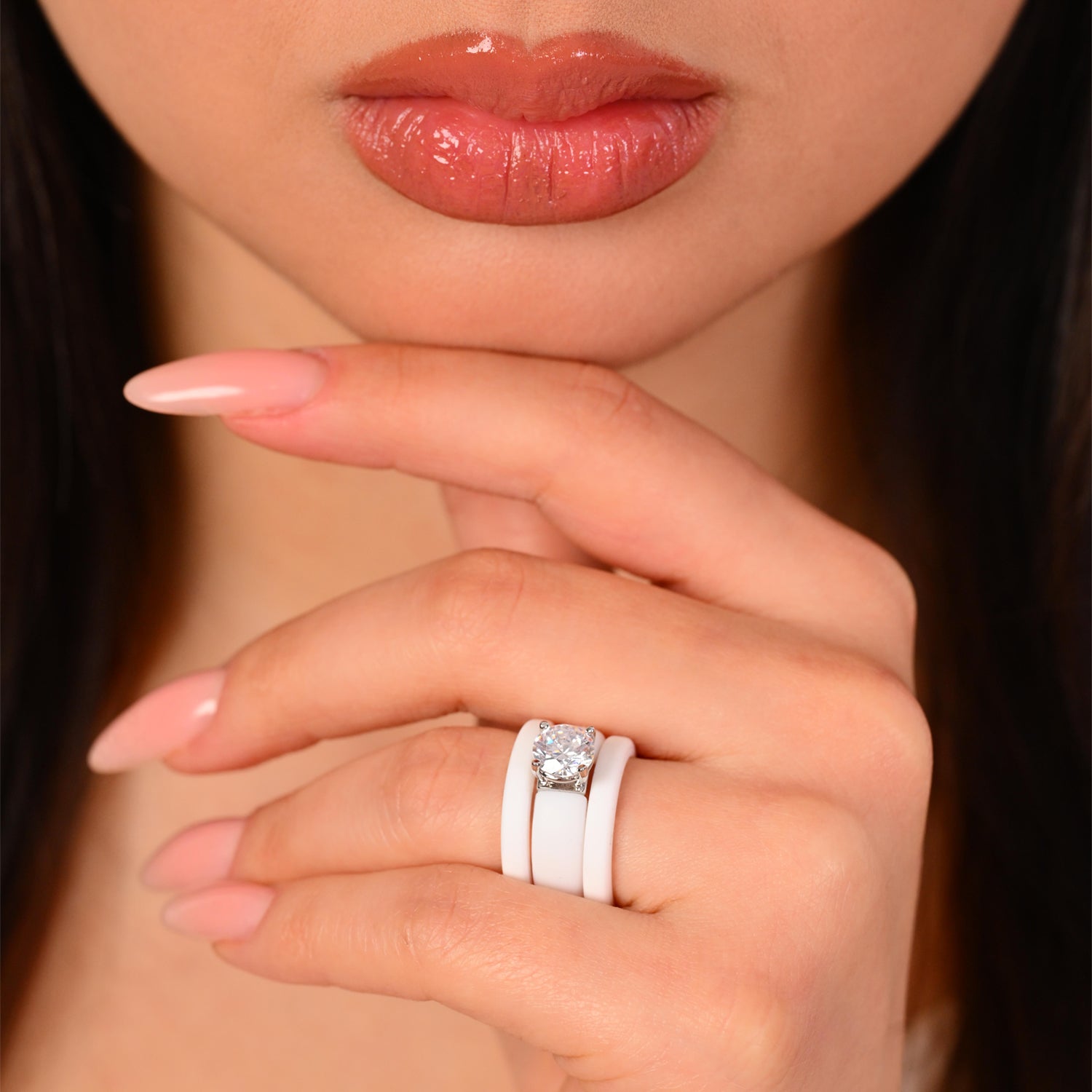 Round Cut Silicone Ring Set for Women, 2 Thin Stackable Rings - 7 mm Round Cut CZ | Patented Design - GlowStone Collection