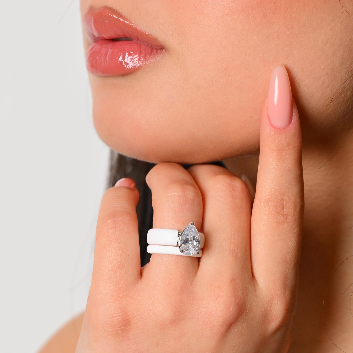 Pear Cut CZ Silicone Ring Set for Women, Stackable 2-Ring Set, 8×12 mm Pear Cut CZ, Patent-Pending Design - GlowStone Collection