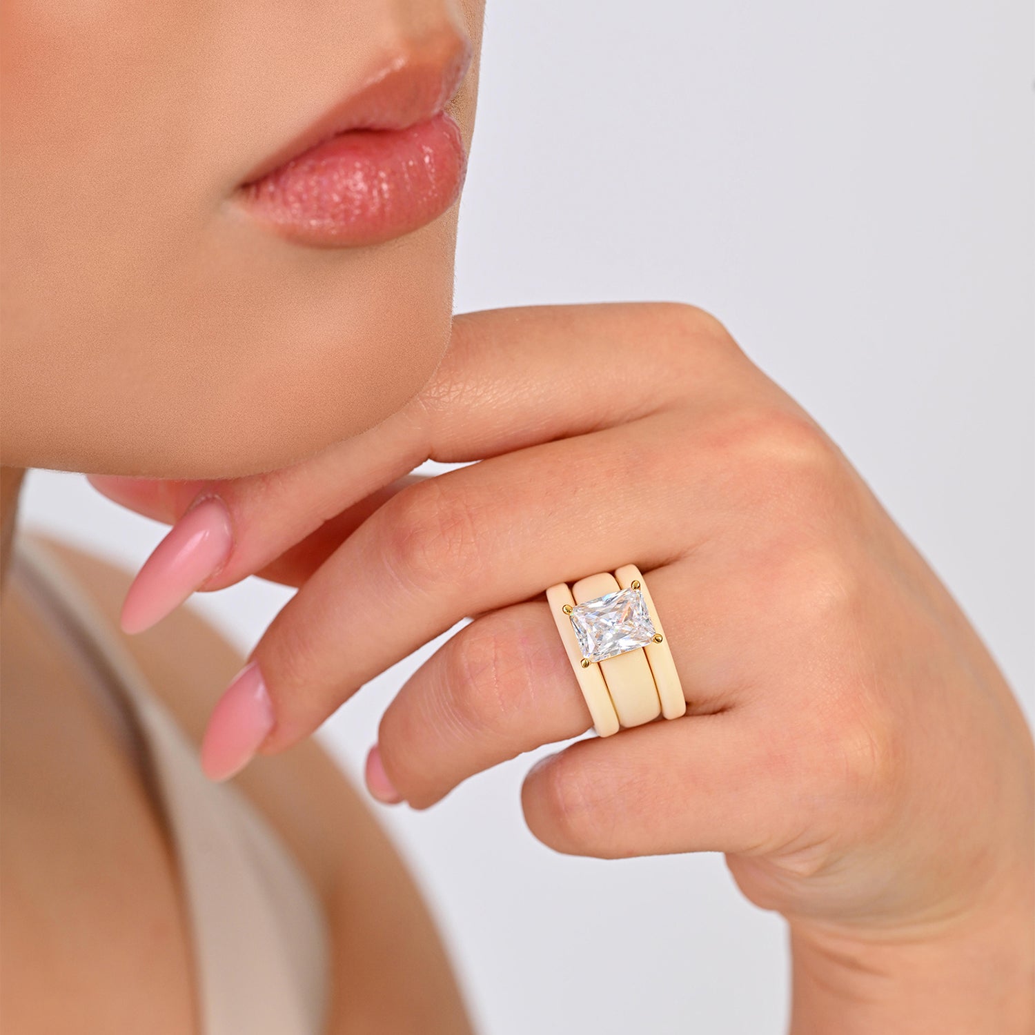 Emerald Cut CZ Silicone Ring Set for Women, 2 Thin Stackable Rings, 10x8 mm CZ Stone, Patented Design, GlowStone Collection