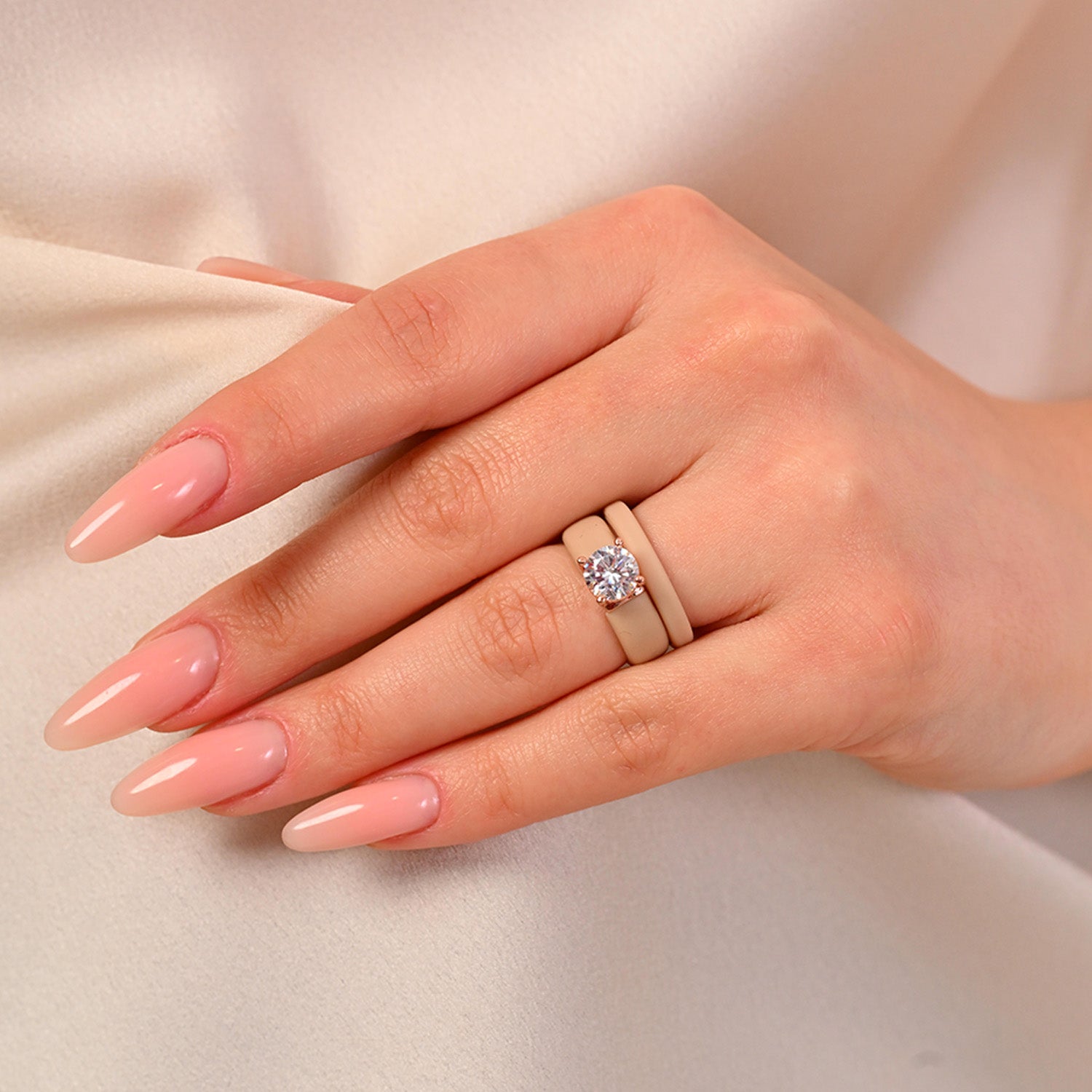 Round Cut CZ Silicone Ring Set for Women, Stackable 2-Ring Set, 7 mm Round Cut CZ | Patented Design - GlowStone Collection