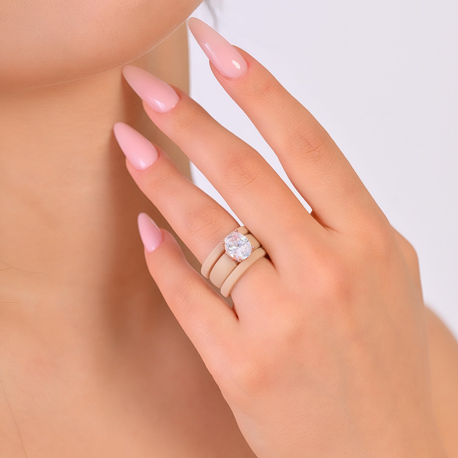 Oval Cut CZ Silicone Ring Set for Women, 2 Thin Stackable Rings – 11×8 mm Oval Cut CZ | Patented Design - GlowStone Collection