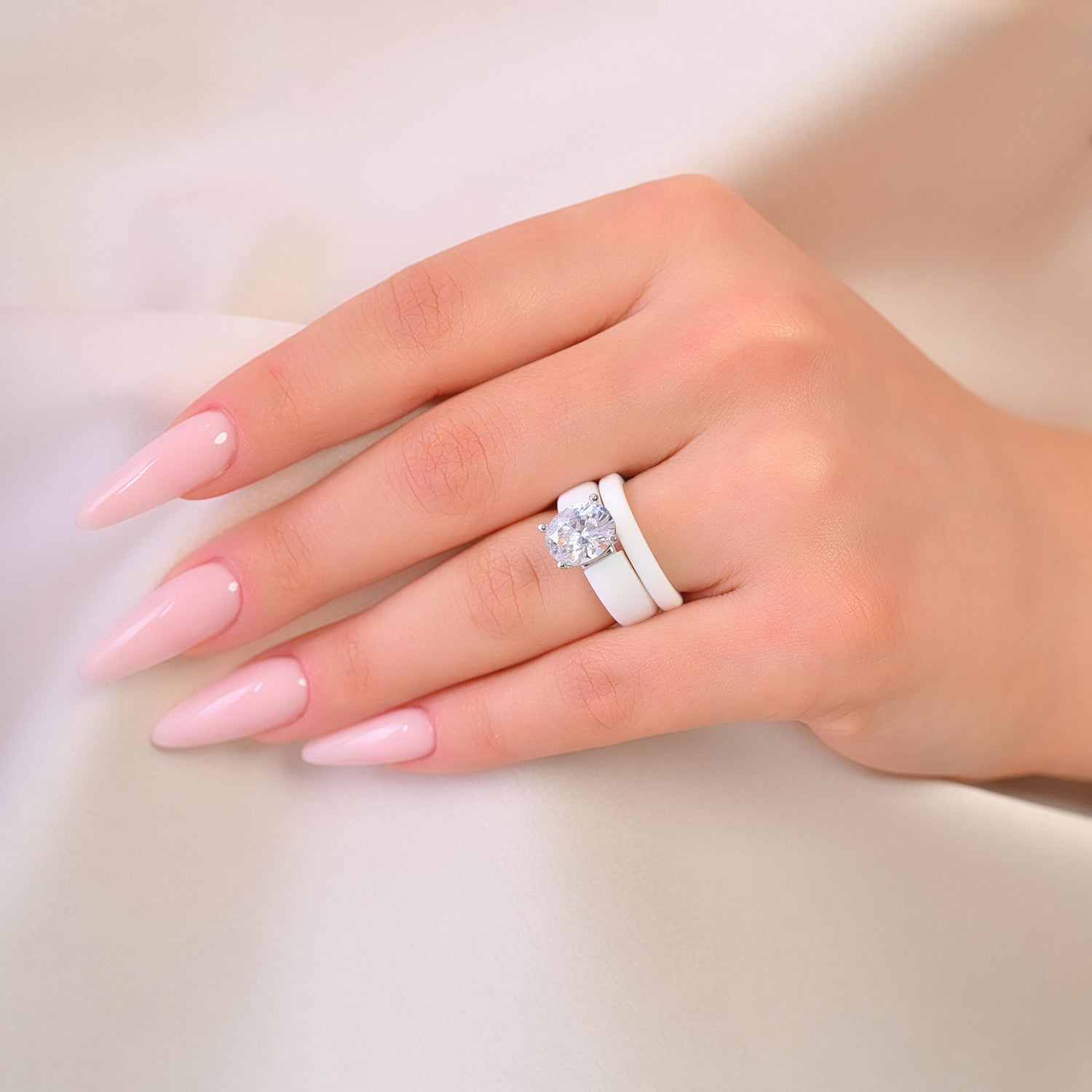 Oval Cut CZ Silicone Ring Set for Women, Stackable 2-Ring Set, 11×8 mm Oval Cut CZ | Patented Design - GlowStone Collection