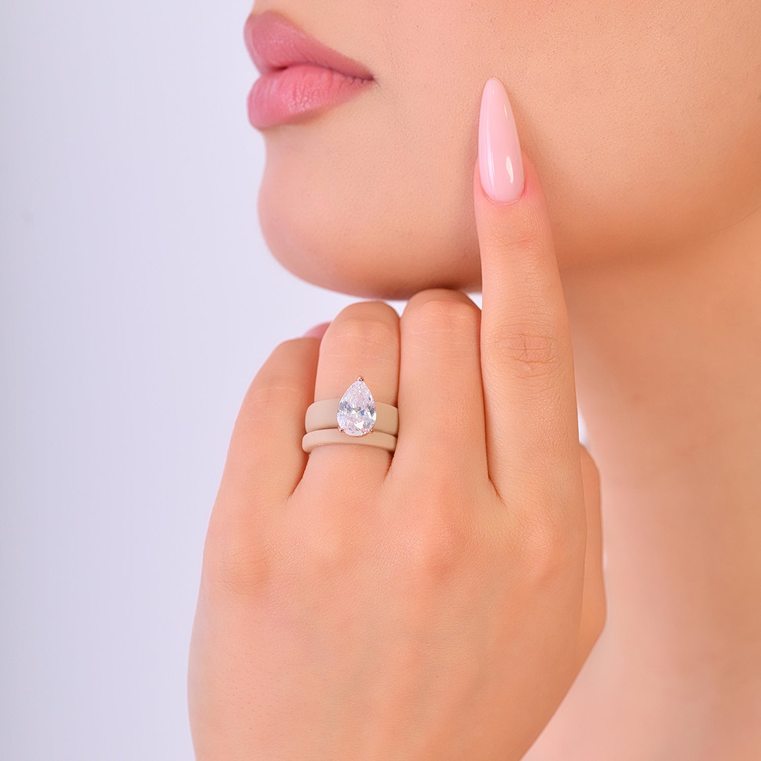 Pear Cut CZ Silicone Ring Set for Women, Stackable 2-Ring Set, 8×12 mm Pear Cut CZ, Patent-Pending Design - GlowStone Collection