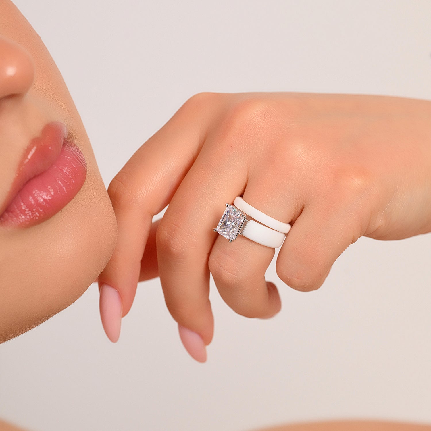 Emerald Cut CZ Silicone Ring Set for Women, Stackable 2-Ring Set, 10x8 mm CZ Stone, Thin Band, Patented Design, GlowStone Collection