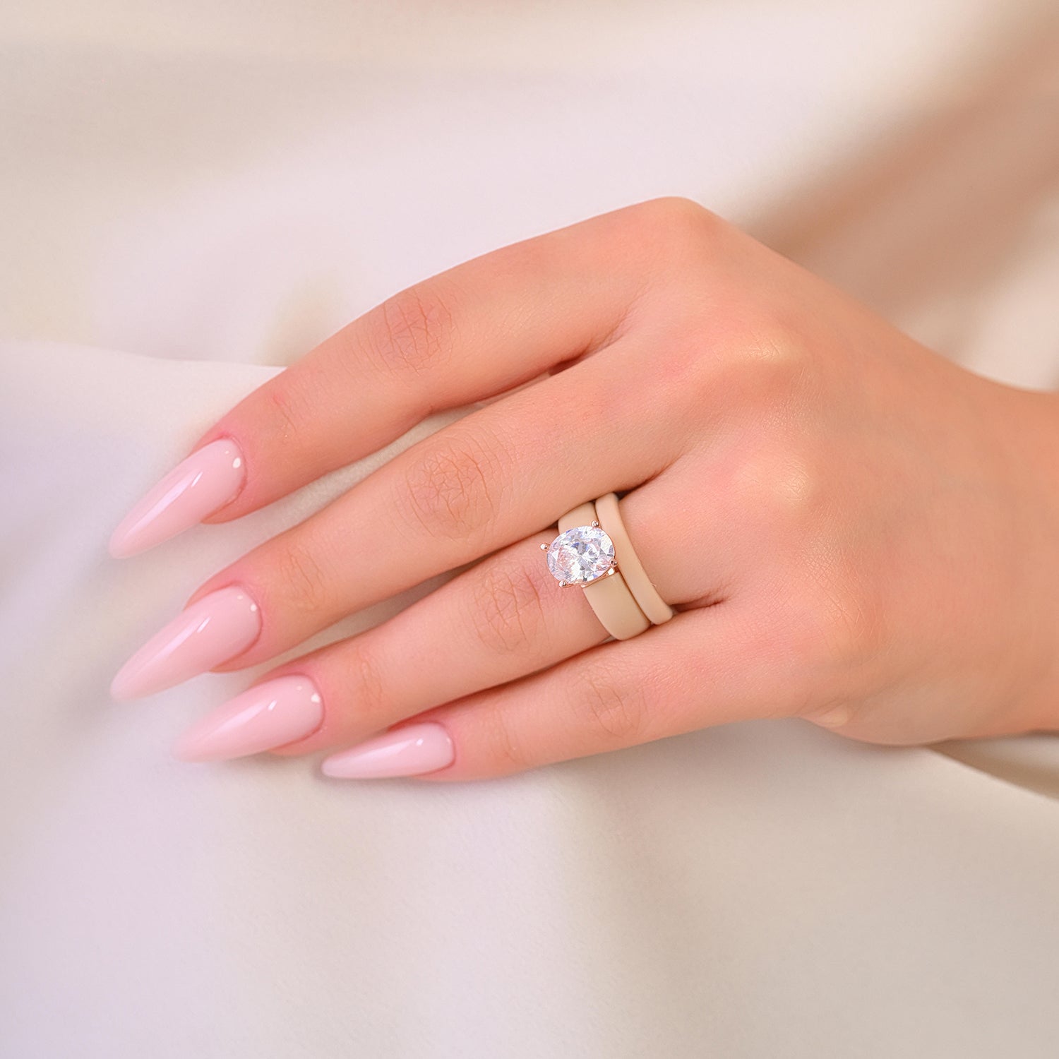 Oval Cut CZ Silicone Ring Set for Women, Stackable 2-Ring Set, 11×8 mm Oval Cut CZ | Patented Design - GlowStone Collection