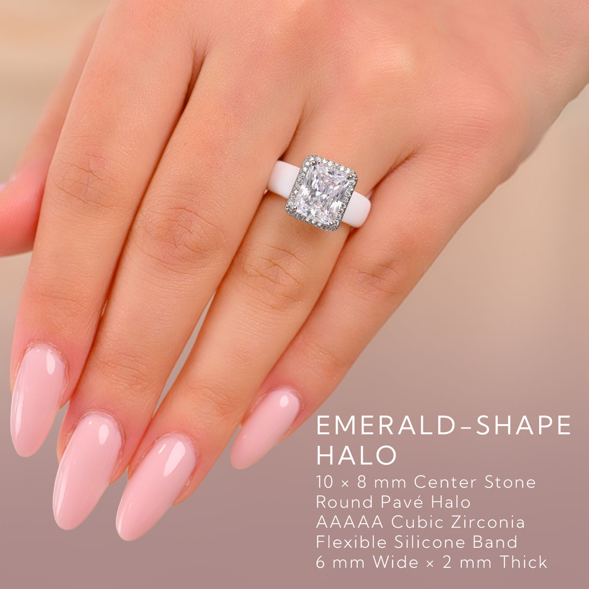 Rinfit Halo Silicone Ring for Women – 10×8 mm Emerald Cut CZ | Patented Design