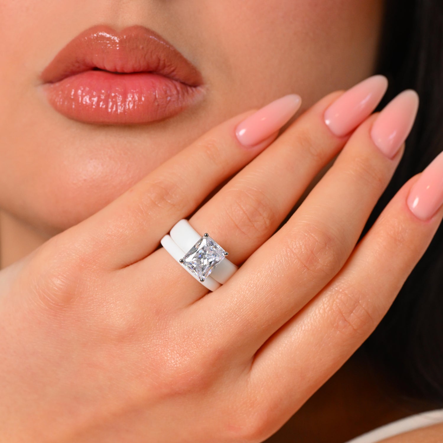 Emerald Cut CZ Silicone Ring Set for Women, Stackable 2-Ring Set, 10x8 mm CZ Stone, Thin Band, Patented Design, GlowStone Collection