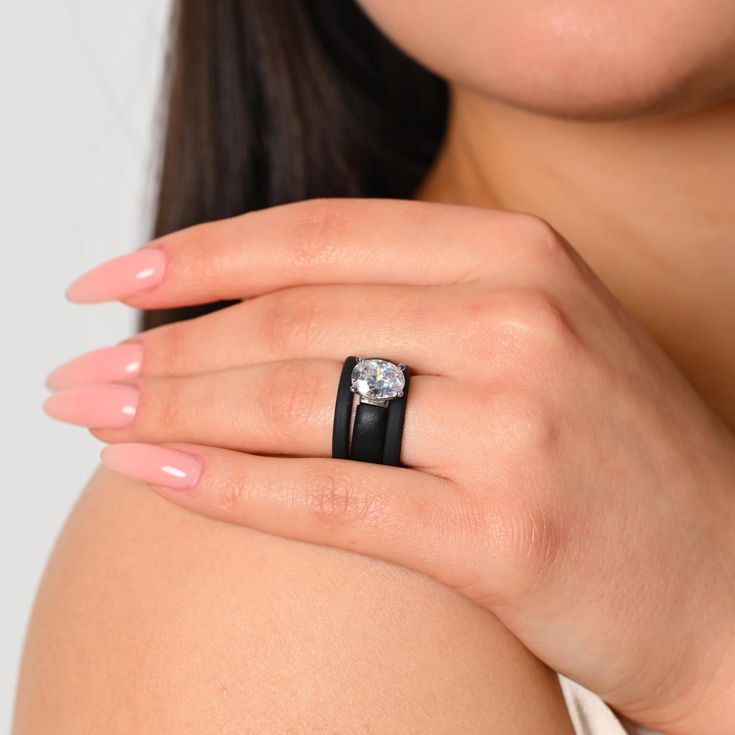 Oval Cut CZ Silicone Ring Set for Women, 2 Thin Stackable Rings – 11×8 mm Oval Cut CZ | Patented Design - GlowStone Collection