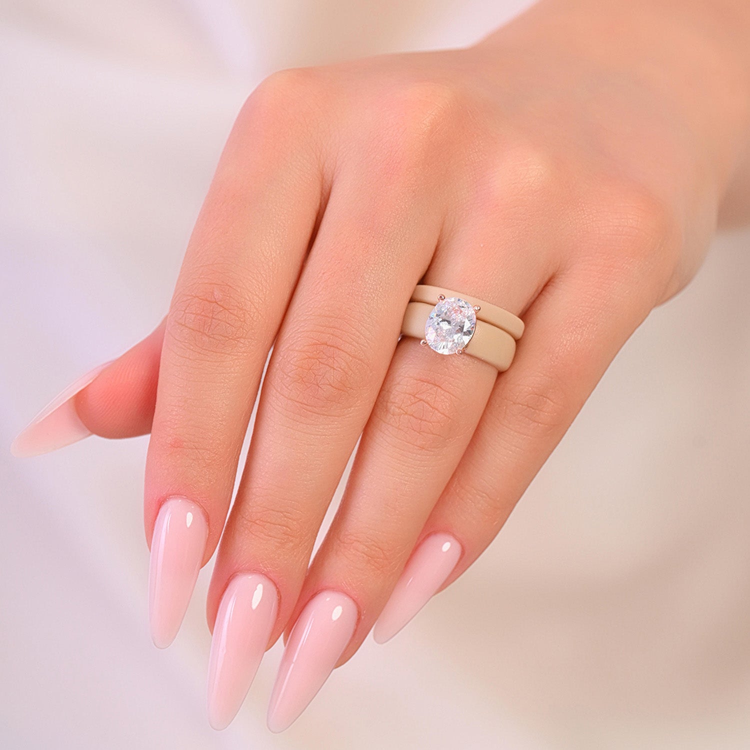 Oval Cut CZ Silicone Ring Set for Women, Stackable 2-Ring Set, 11×8 mm Oval Cut CZ | Patented Design - GlowStone Collection