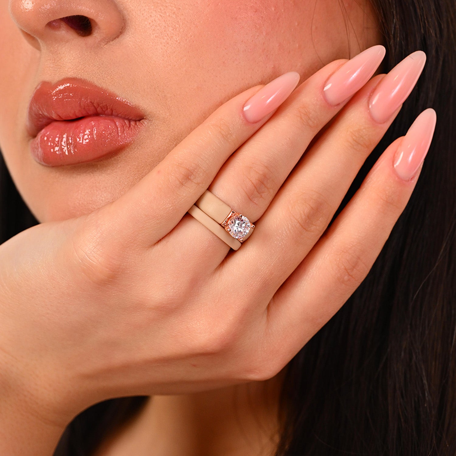 Round Cut CZ Silicone Ring Set for Women, Stackable 2-Ring Set, 7 mm Round Cut CZ | Patented Design - GlowStone Collection