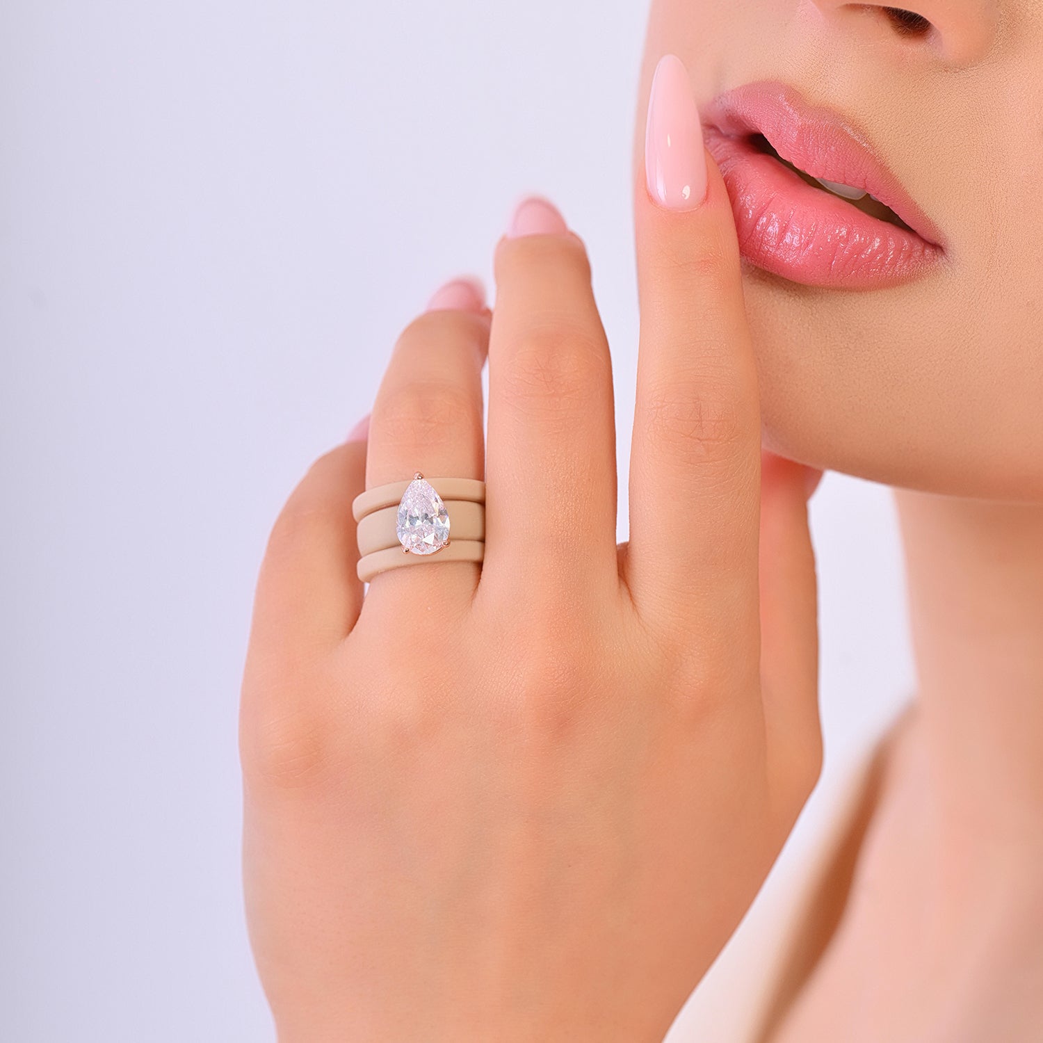 Pear Cut CZ Silicone Ring Set for Women, 2 Thin Stackable Rings, 8×12 mm Pear Cut CZ, Patent-Pending Design - GlowStone Collection