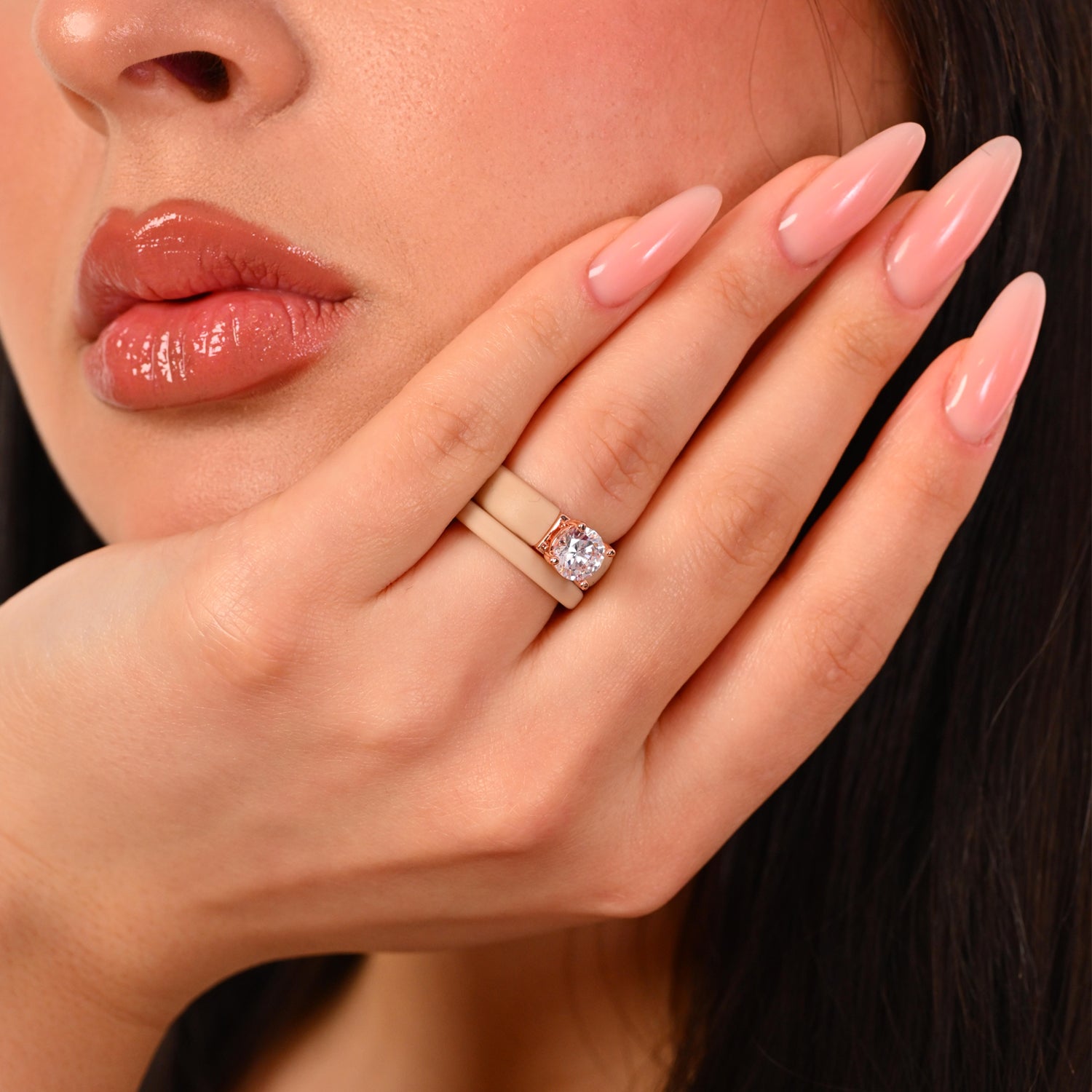 Round Cut CZ Silicone Ring Set for Women, Stackable 2-Ring Set, 7 mm Round Cut CZ | Patented Design - GlowStone Collection