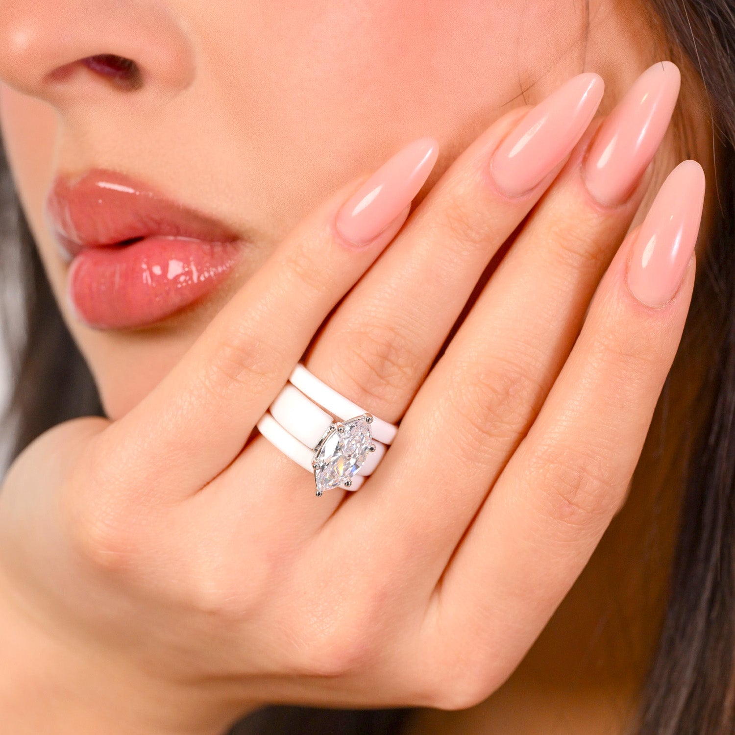 Marquise Cut CZ Silicone Ring Set for Women, 2 Thin Stackable Rings - 14×7 mm Marquise Cut CZ | Patent-Pending Design - GlowStone Collection