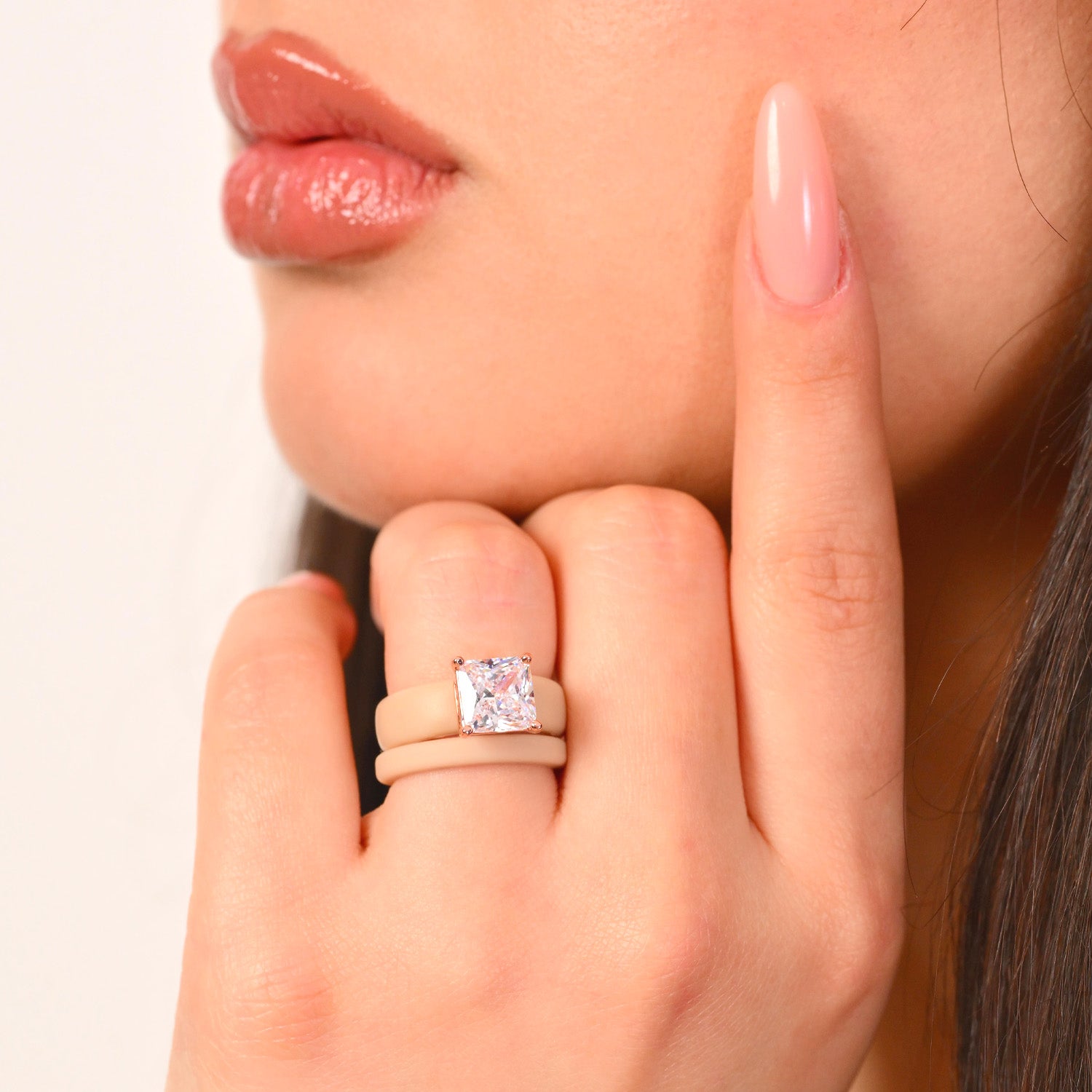 Princess Cut CZ Silicone Ring Set for Women, Stackable 2-Ring Set, 8×8 mm Princess Cut CZ | Patented Design - GlowStone Collection