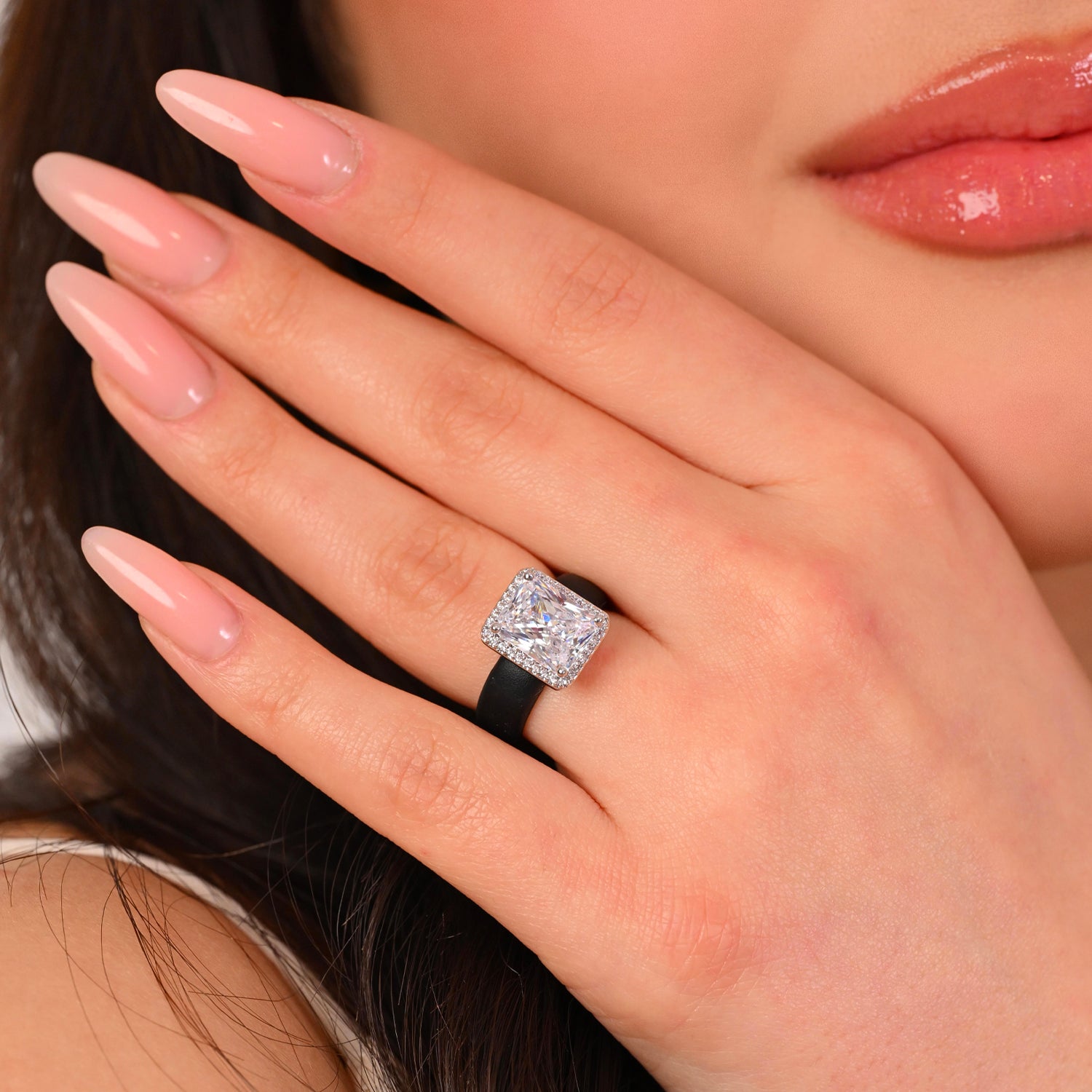 Rinfit Halo Silicone Ring for Women – 10×8 mm Emerald Cut CZ | Patented Design