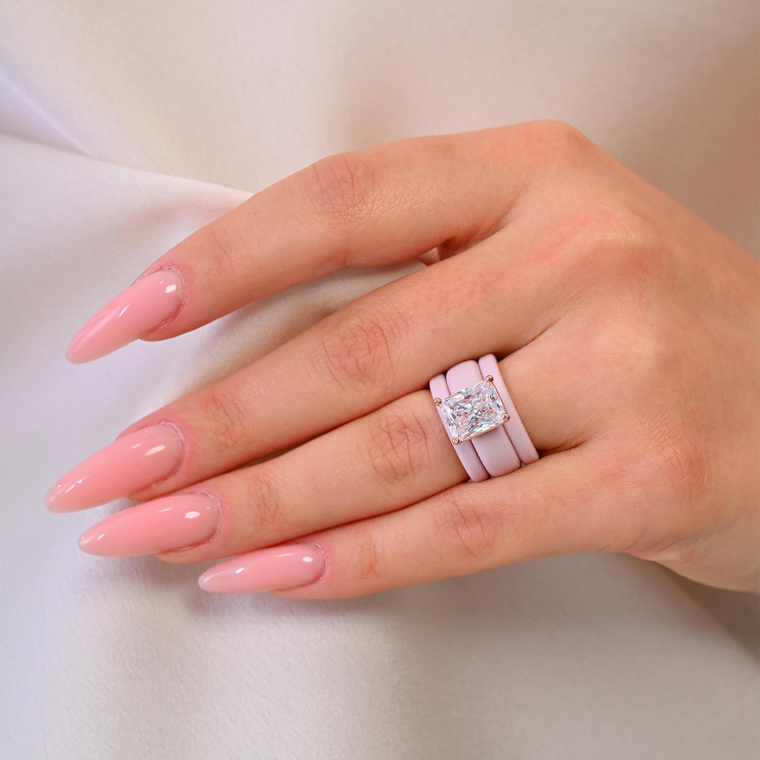 Emerald Cut CZ Silicone Ring Set for Women, 2 Thin Stackable Rings, 10x8 mm CZ Stone, Patented Design, GlowStone Collection