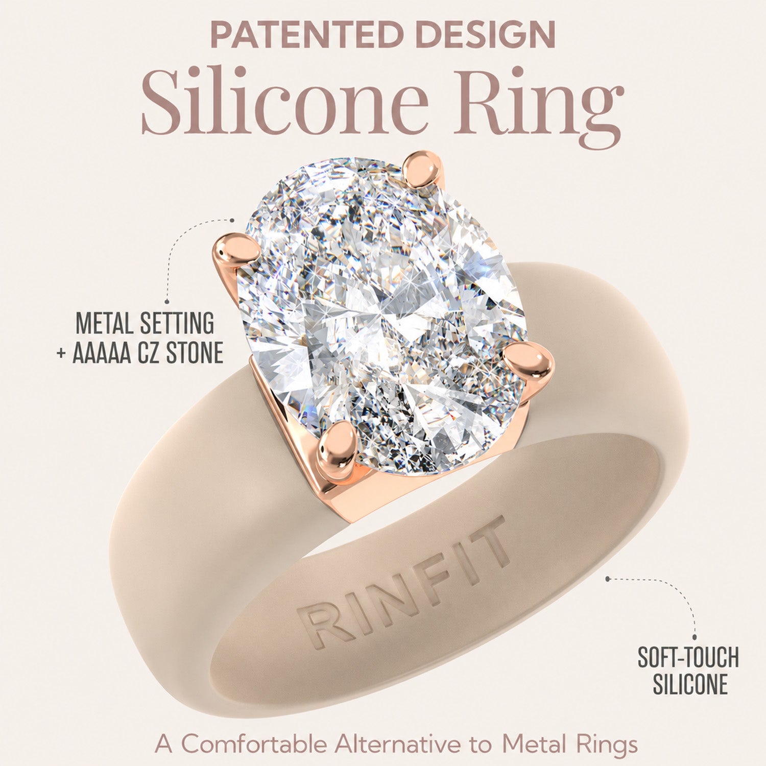 Oval Cut CZ Silicone Ring Set for Women, Stackable 2-Ring Set, 11×8 mm Oval Cut CZ | Patented Design - GlowStone Collection