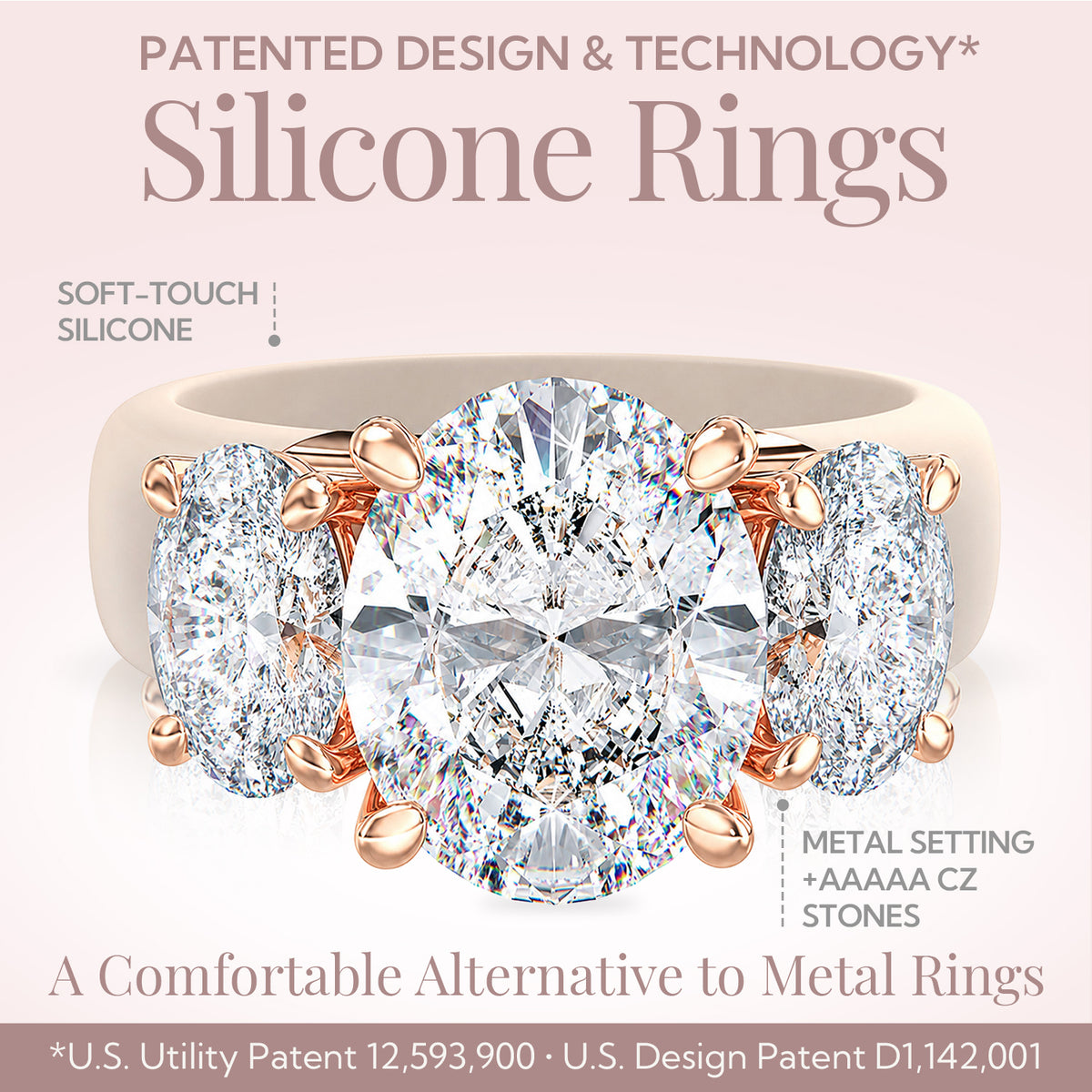 Rinfit Silicone Ring with Three Oval CZ Stones - Patented