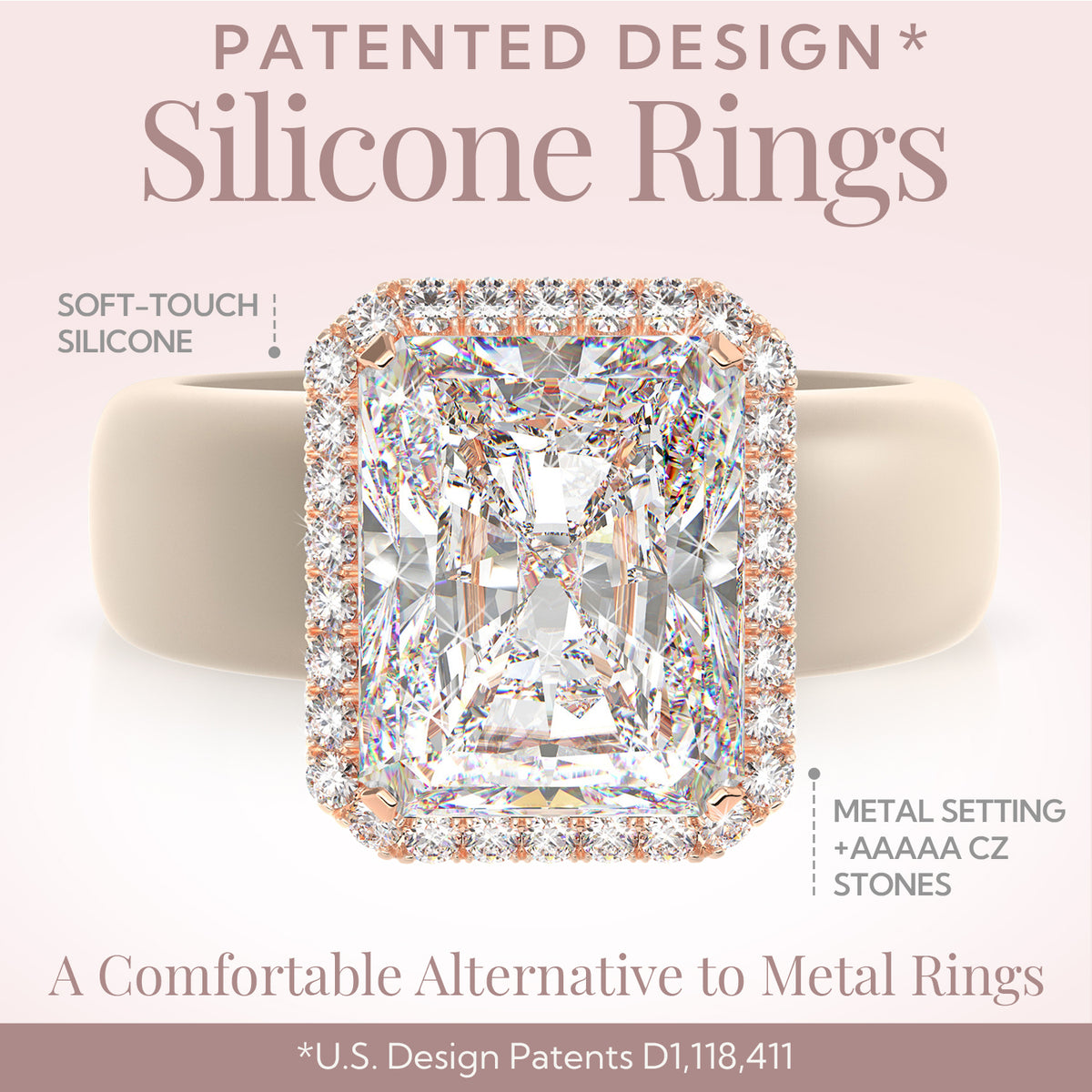 Rinfit Halo Silicone Ring for Women – 10×8 mm Emerald Cut CZ | Patented Design