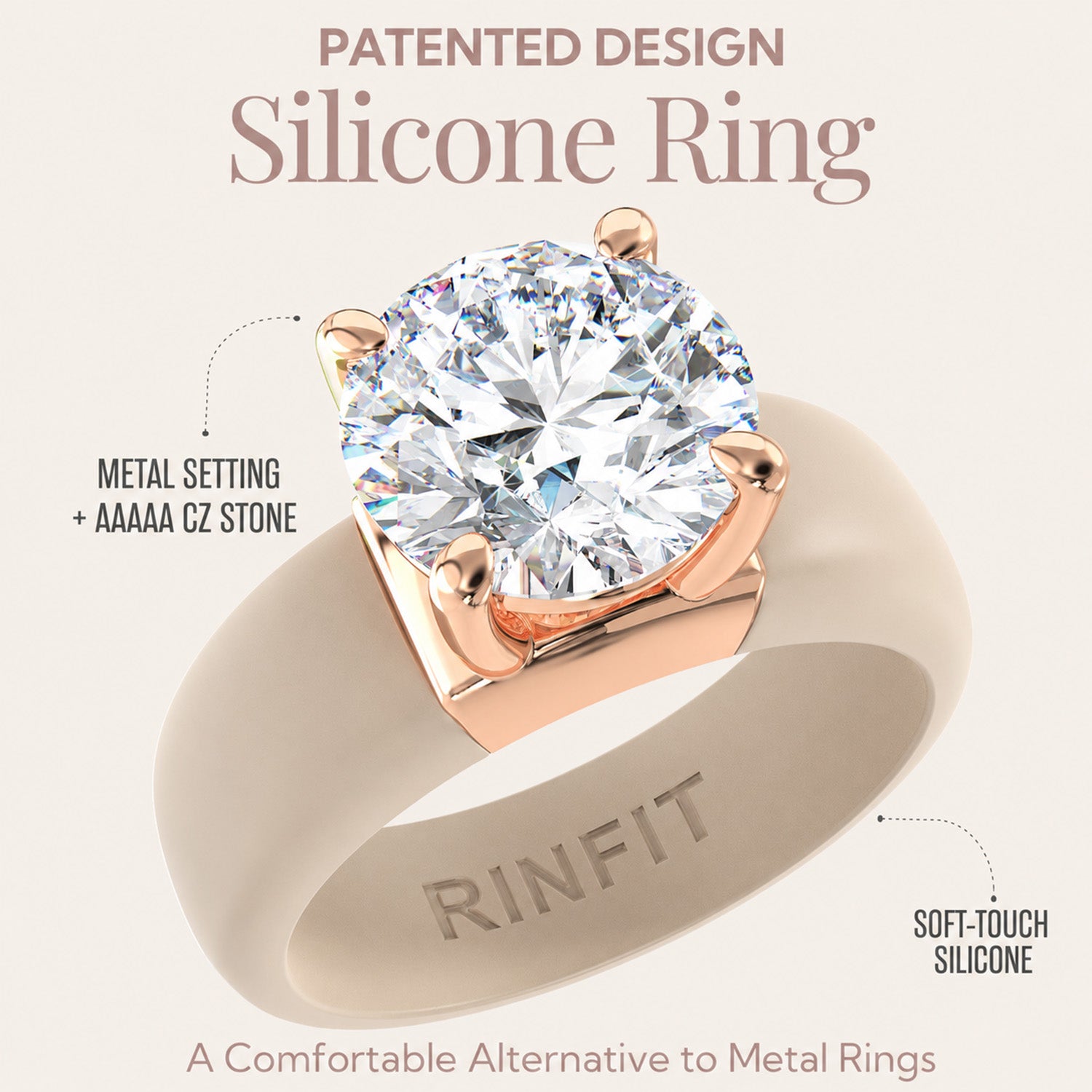 Silicone Ring – 7mm Round Solitaire CZ | Patented Design - GlowStone Collection by Rinfit