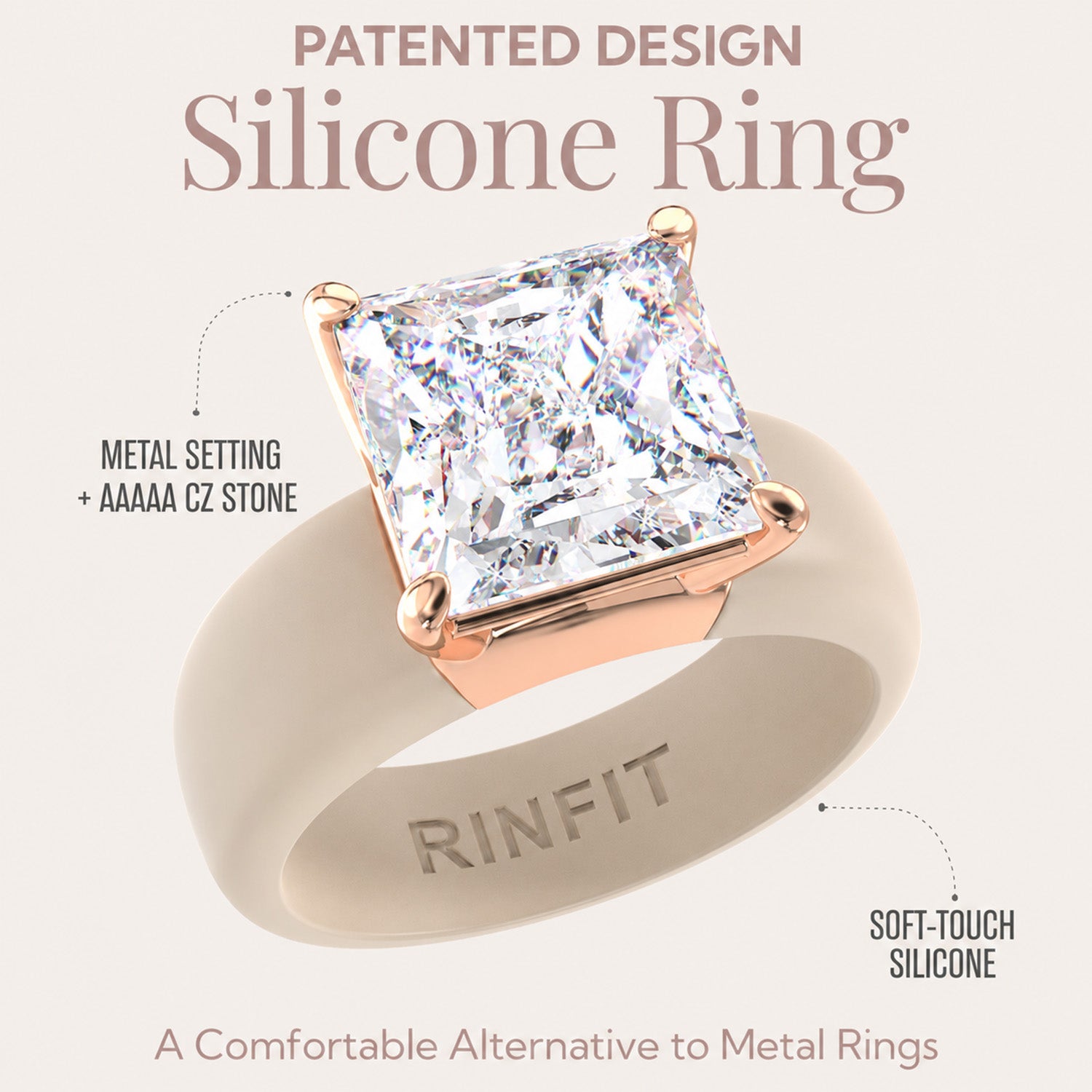 Silicone Ring – 8×8 mm Princess Cut CZ | Patented Design - GlowStone Collection