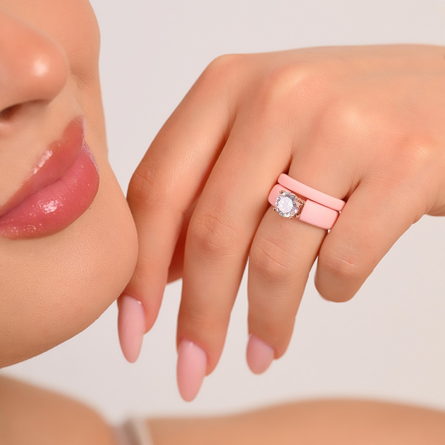 Round Cut CZ Silicone Ring Set for Women, Stackable 2-Ring Set, 7 mm Round Cut CZ | Patented Design - GlowStone Collection