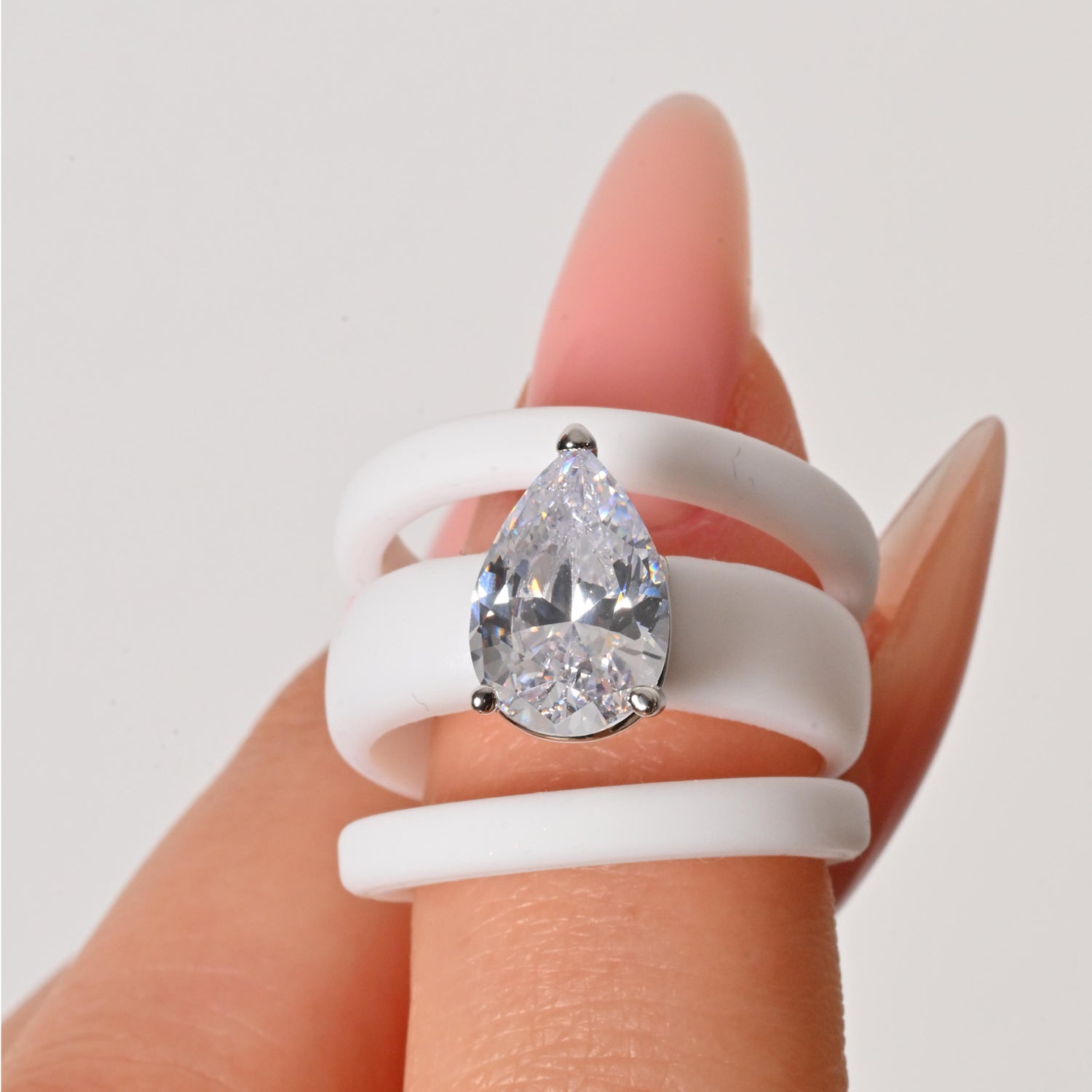 Pear Cut CZ Silicone Ring Set for Women, 2 Thin Stackable Rings, 8×12 mm Pear Cut CZ, Patent-Pending Design - GlowStone Collection